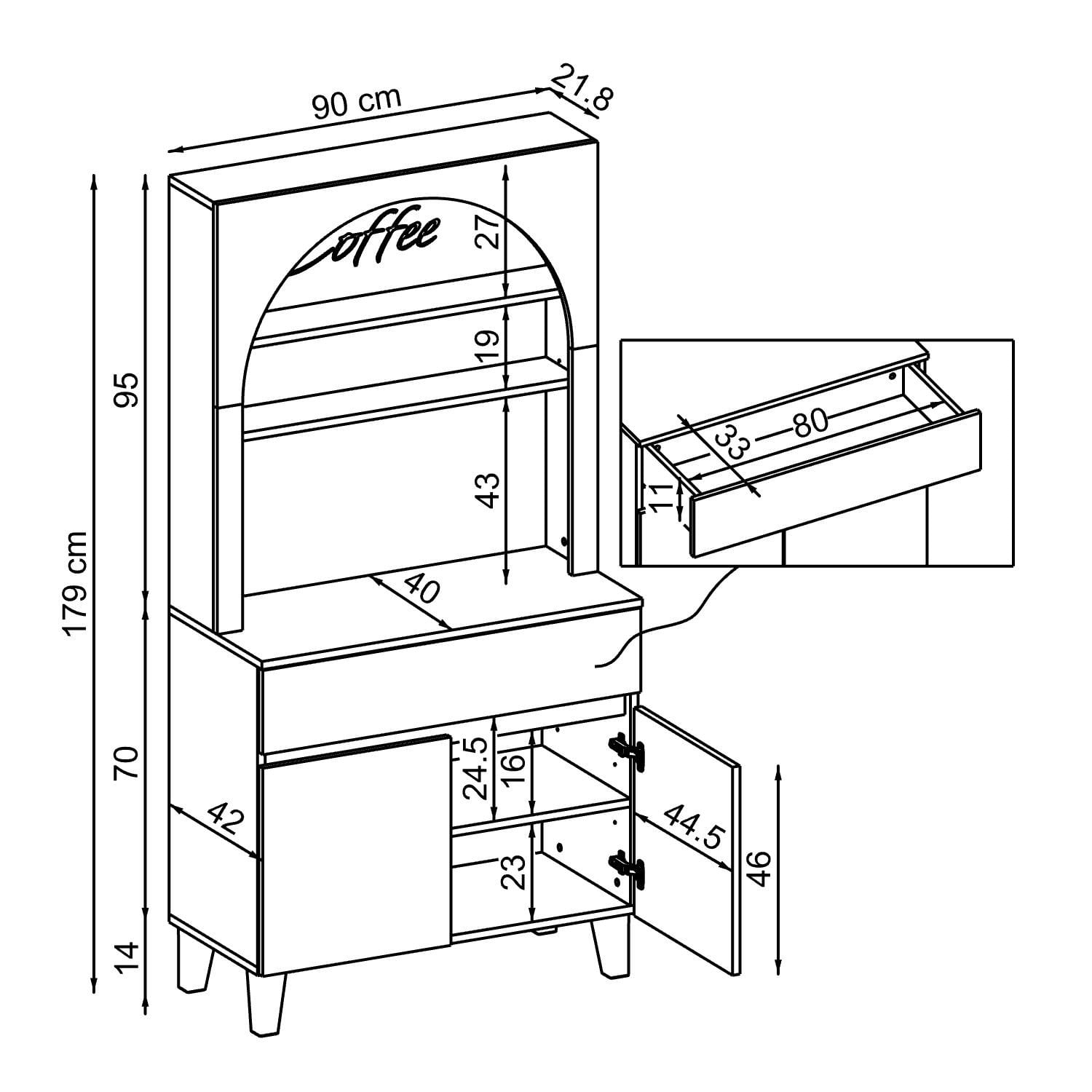 Dulap pentru cafea 2804, 90 x 179 x 42 cm, pin atlantic alb, PAL melaminat, spatiu de depozitare, fixare pe perete — imaginea 6