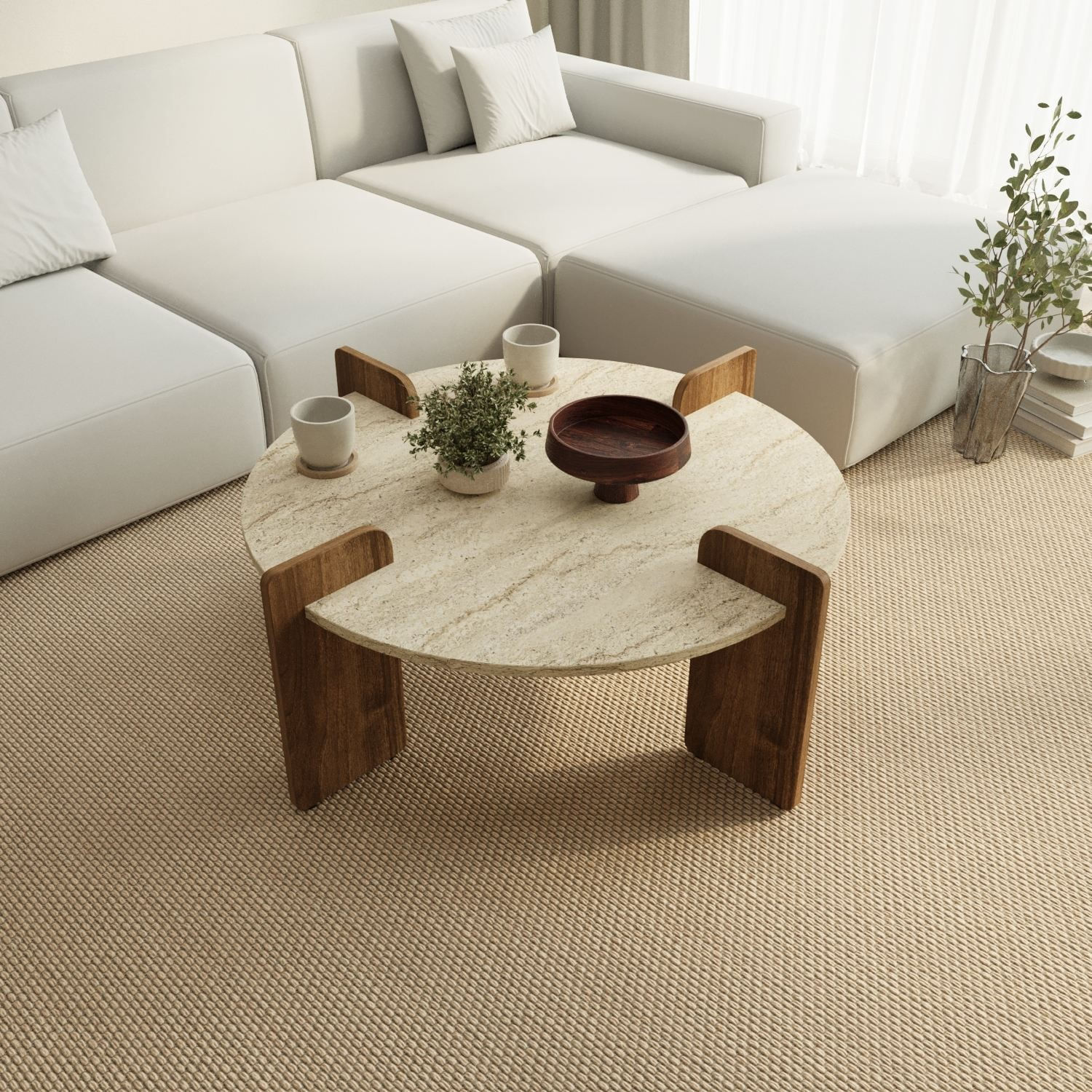 Masa de cafea Avoure, 90 x 35 x 90 cm, travertin nuc, PAL melaminat, design compact — imaginea 3