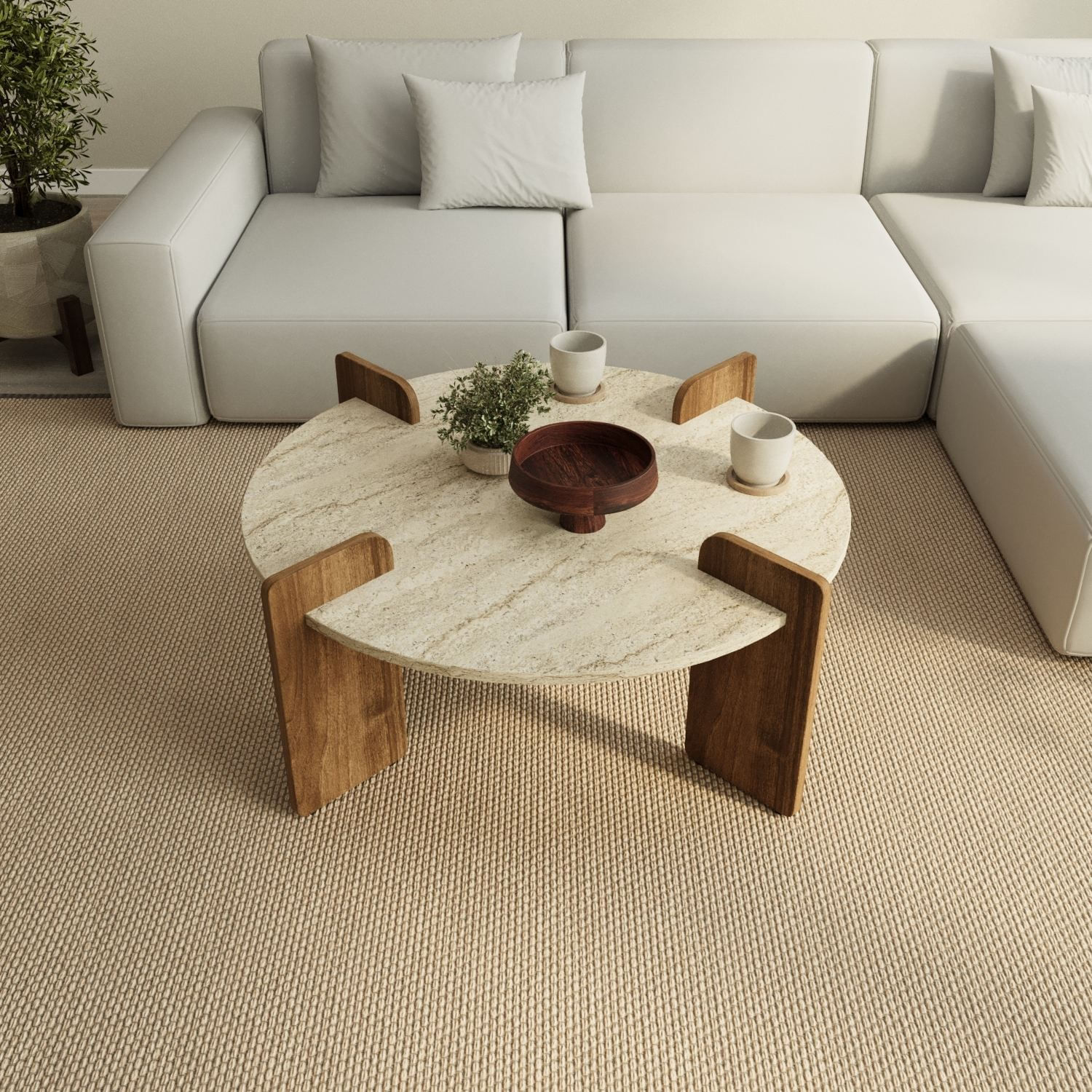 Masa de cafea Avoure, 90 x 35 x 90 cm, travertin nuc, PAL melaminat, design compact — imaginea 4