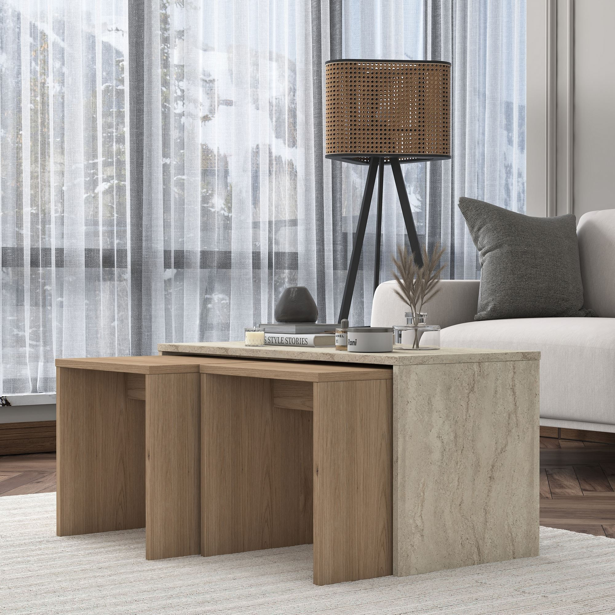 Masa de cafea AB114, 90 x 44,8 x 40 cm, travertin, PAL, design compact — imaginea 8