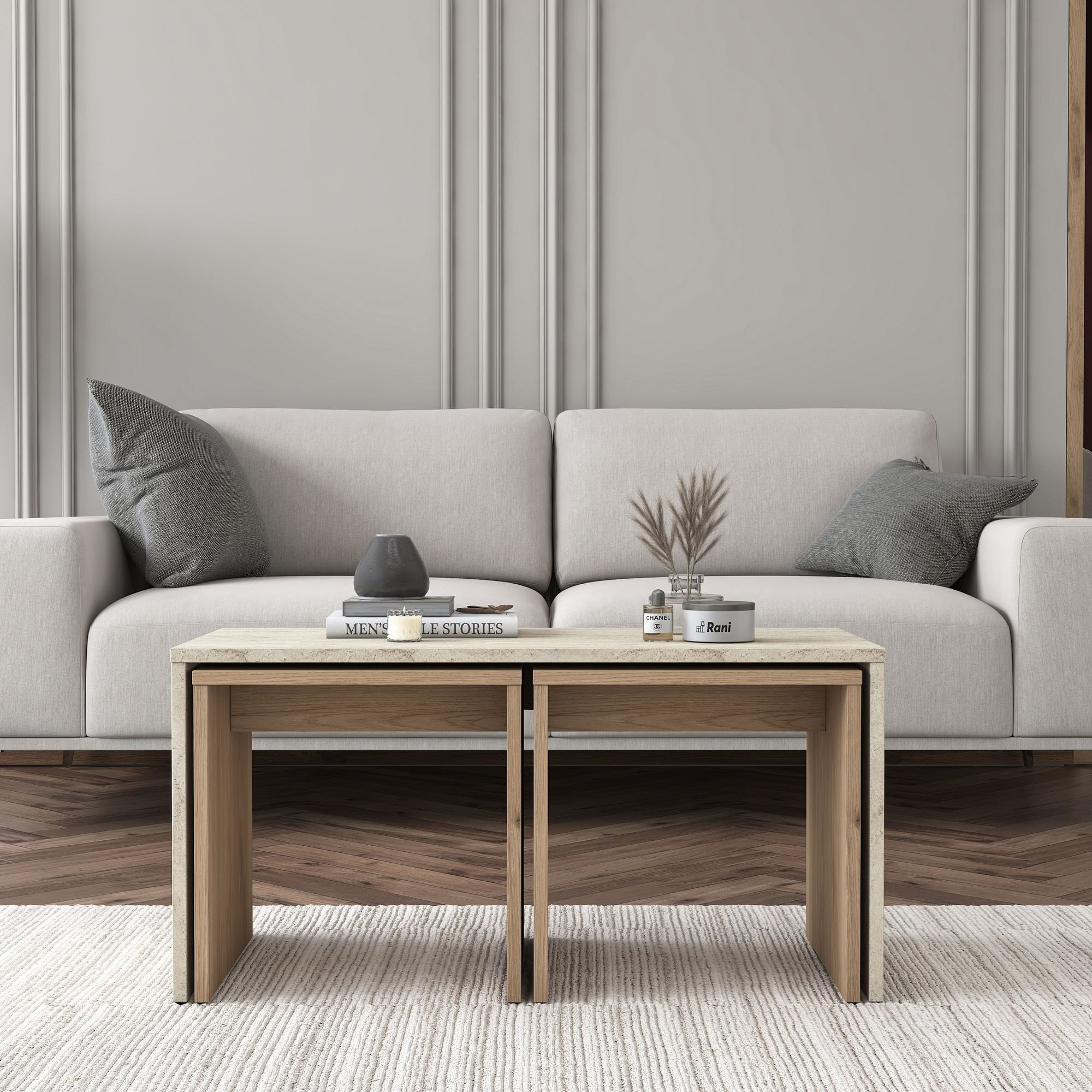 Masa de cafea AB114, 90 x 44,8 x 40 cm, travertin, PAL, design compact — imaginea 9