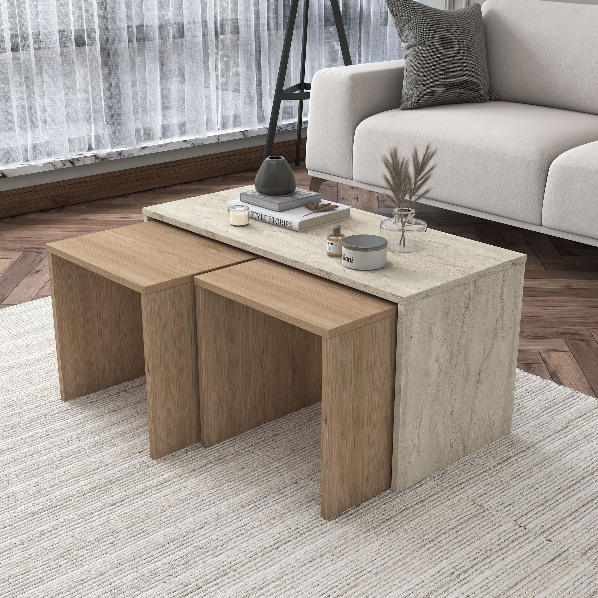 Masa de cafea AB114, 90 x 44,8 x 40 cm, travertin, PAL, design compact — imaginea 10