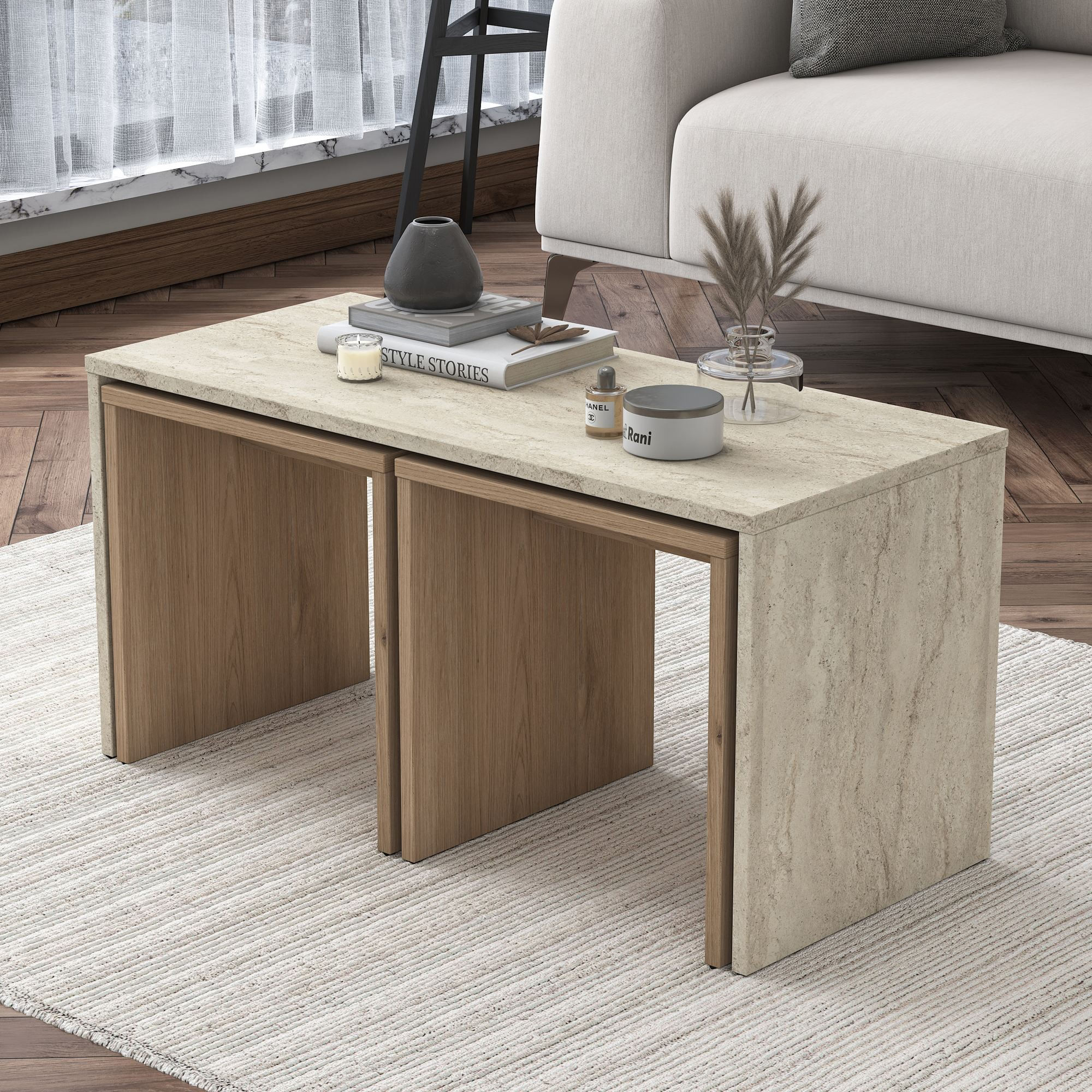 Masa de cafea AB114, 90 x 44,8 x 40 cm, travertin, PAL, design compact — imaginea 11