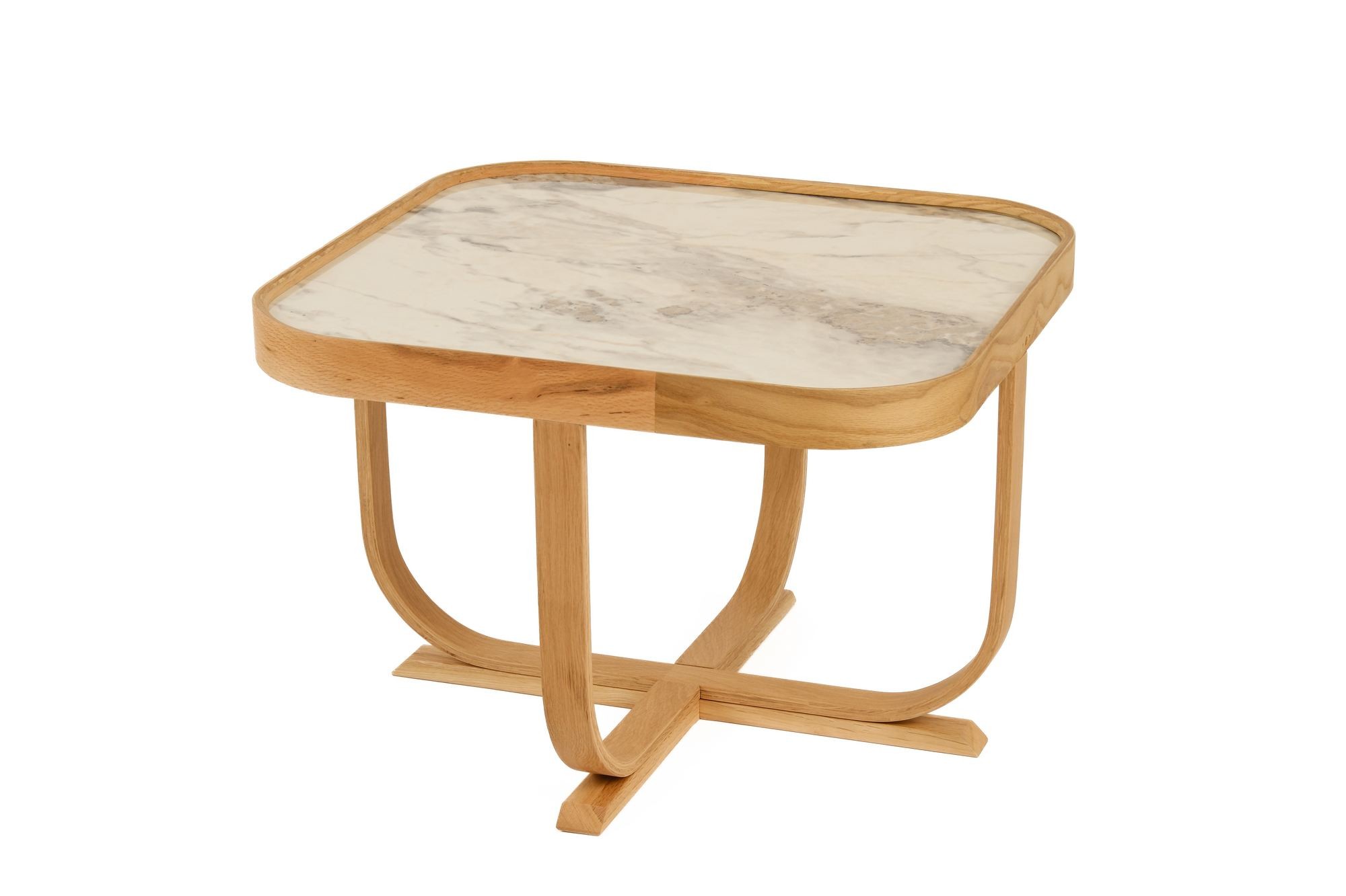 Masa de cafea Hisar 90, 90 x 45 x 90 cm, stejar alb marmura, MDF, design compact, stejar / alb marble — imaginea 4