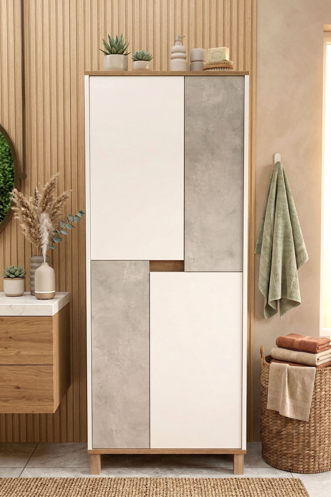 Dulap Nord - ND15-SW, 69,7 x 175 x 40 cm, alb stejar gri, PAL melaminat, spatiu de depozitare, fixare pe perete — imaginea 2
