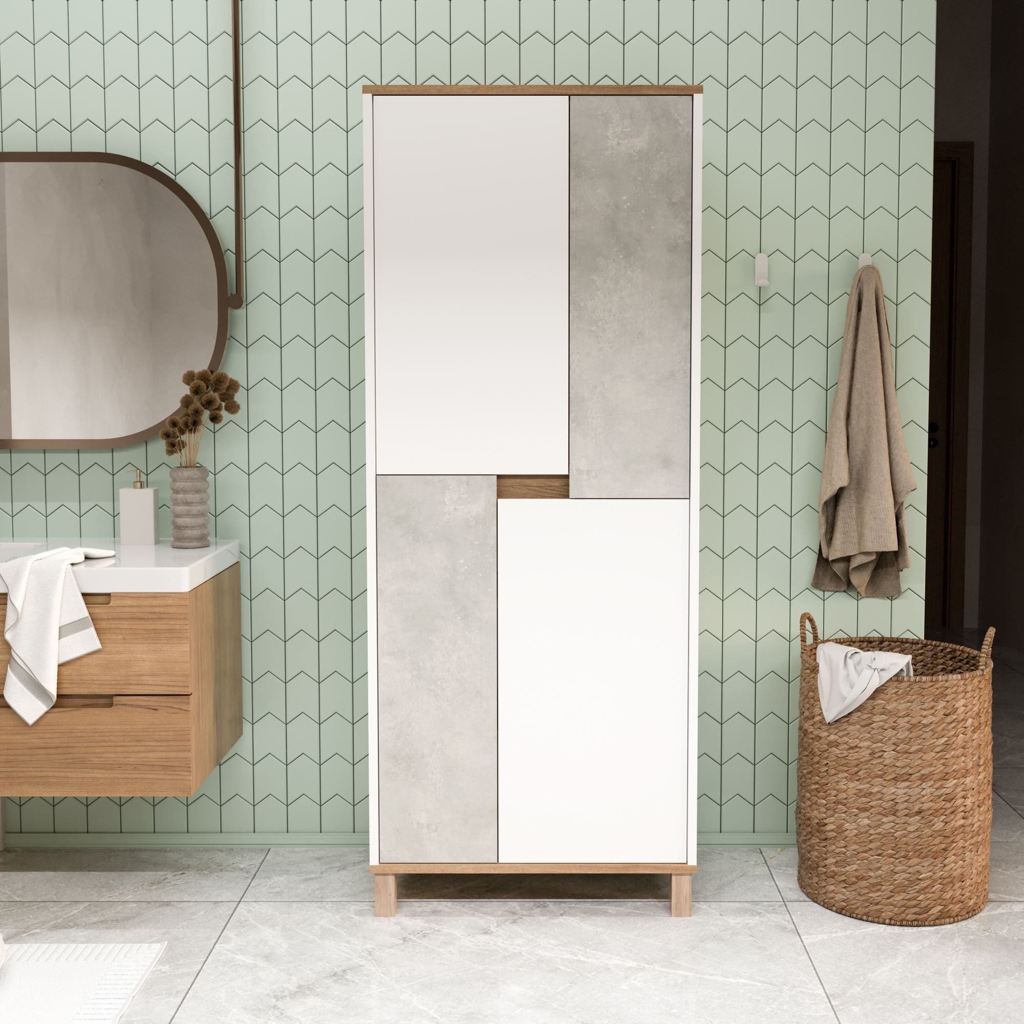 Dulap Nord - ND15-SW, 69,7 x 175 x 40 cm, alb stejar gri, PAL melaminat, spatiu de depozitare, fixare pe perete — imaginea 6