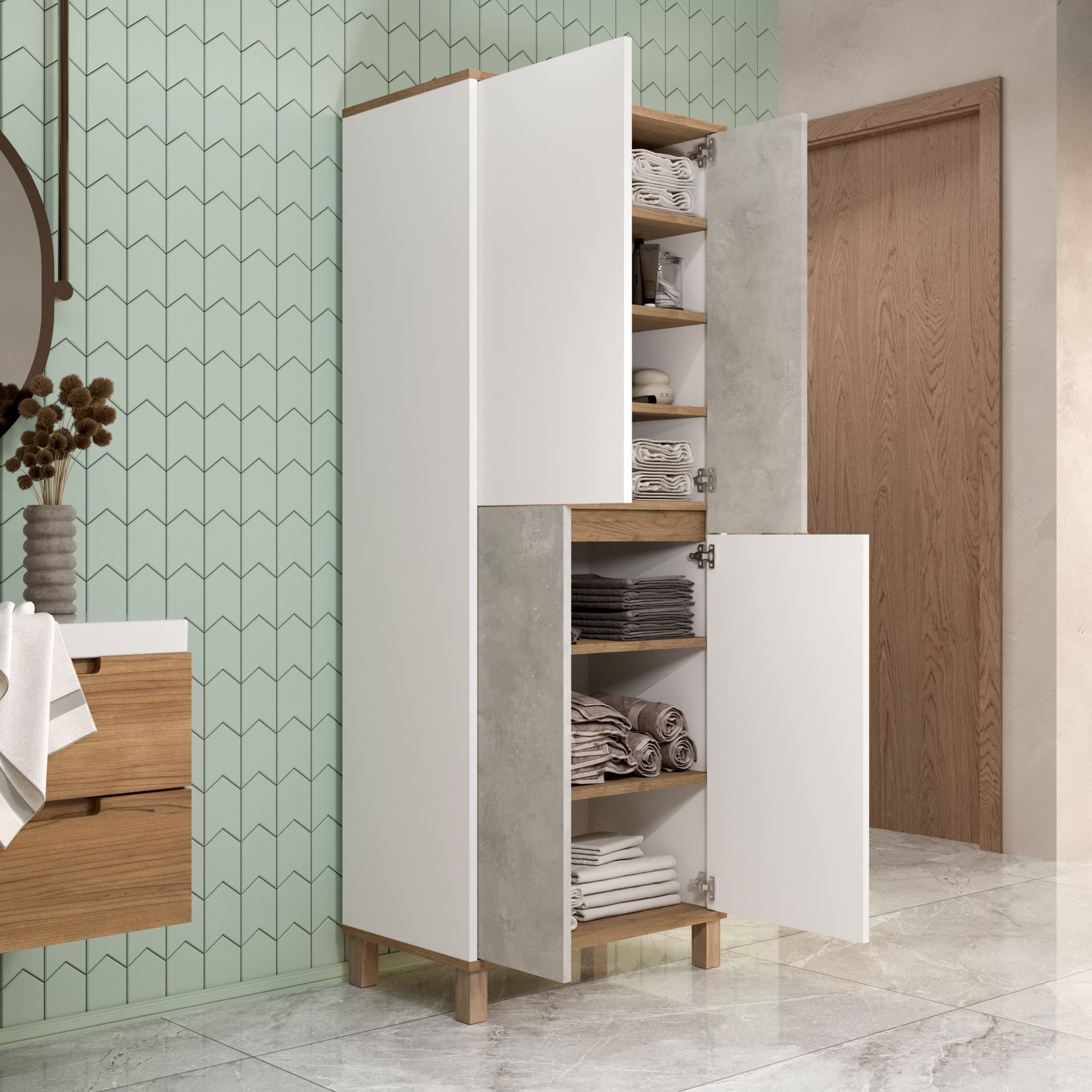 Dulap Nord - ND15-SW, 69,7 x 175 x 40 cm, alb stejar gri, PAL melaminat, spatiu de depozitare, fixare pe perete — imaginea 8