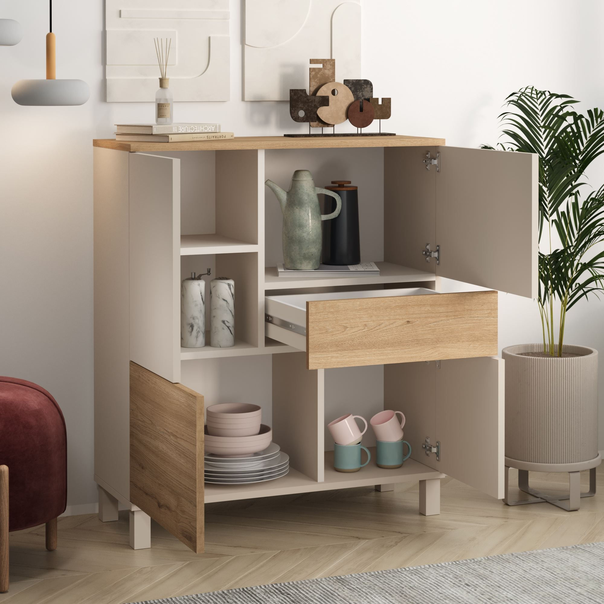 Dulap Mood - MD3-CS, 87,2 x 101,1 x 35 cm, sand stejar, PAL melaminat, spatiu de depozitare, fixare pe perete — imaginea 7