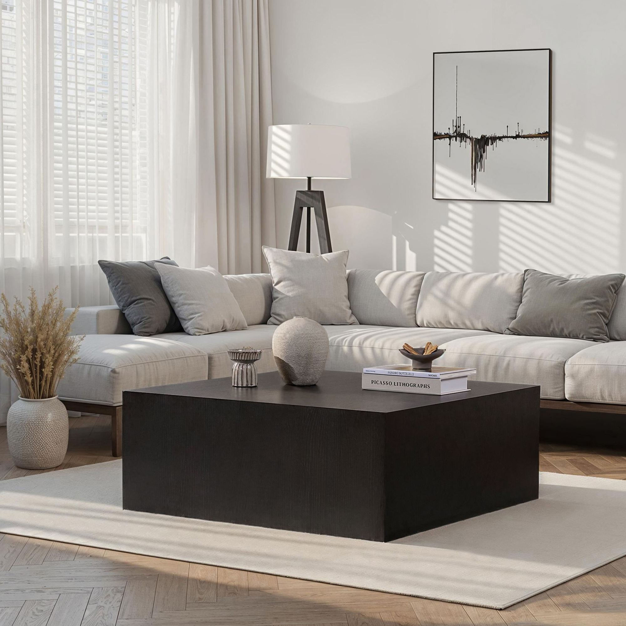 Masa de cafea Prizma, 90 x 35 x 90 cm, lemn negru, MDF, design compact, wood negru — imaginea 5