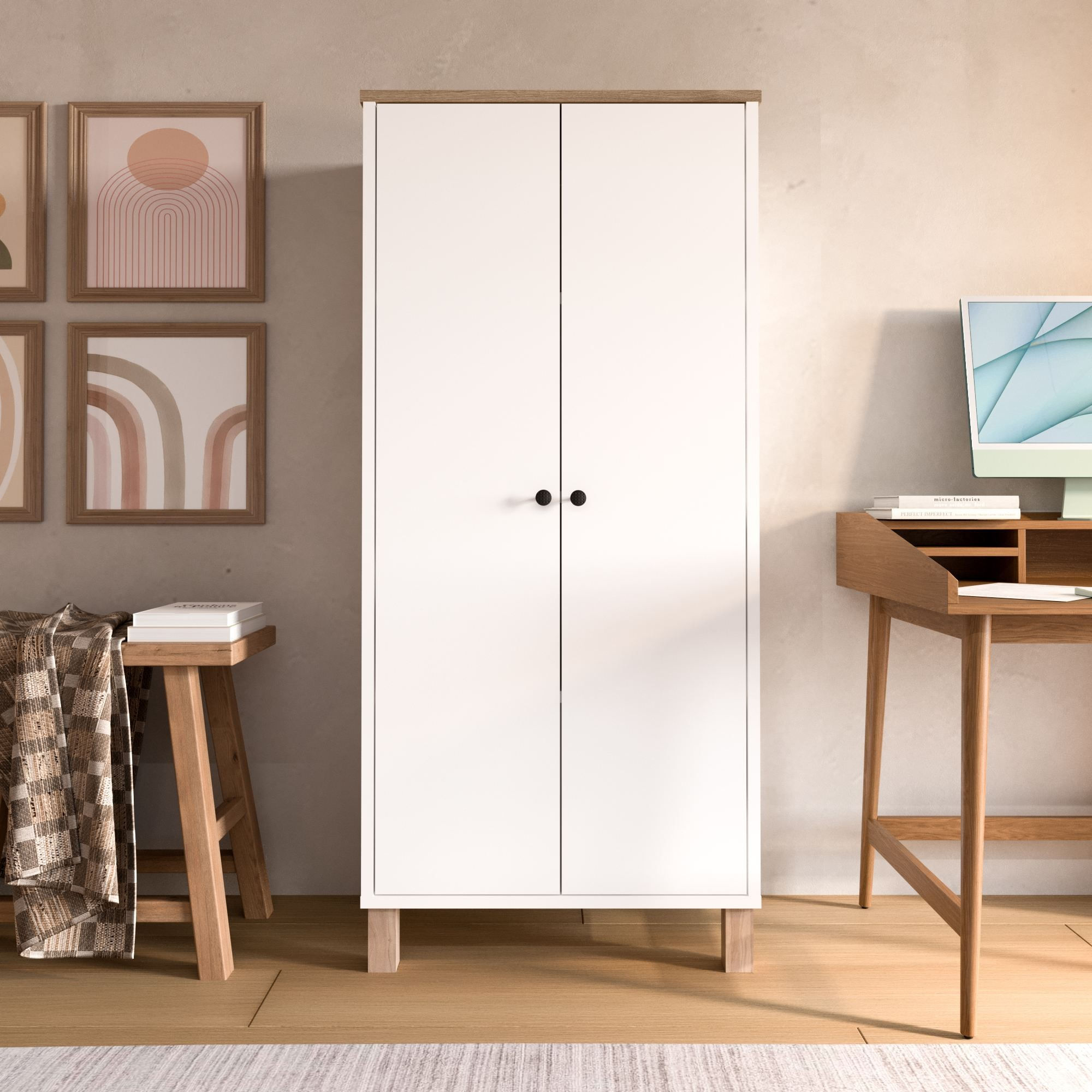Dulap Nord - ND5-SW, 61 x 133,6 x 33 cm, alb si stejar, PAL melaminat, spatiu de depozitare, fixare pe perete — imaginea 4