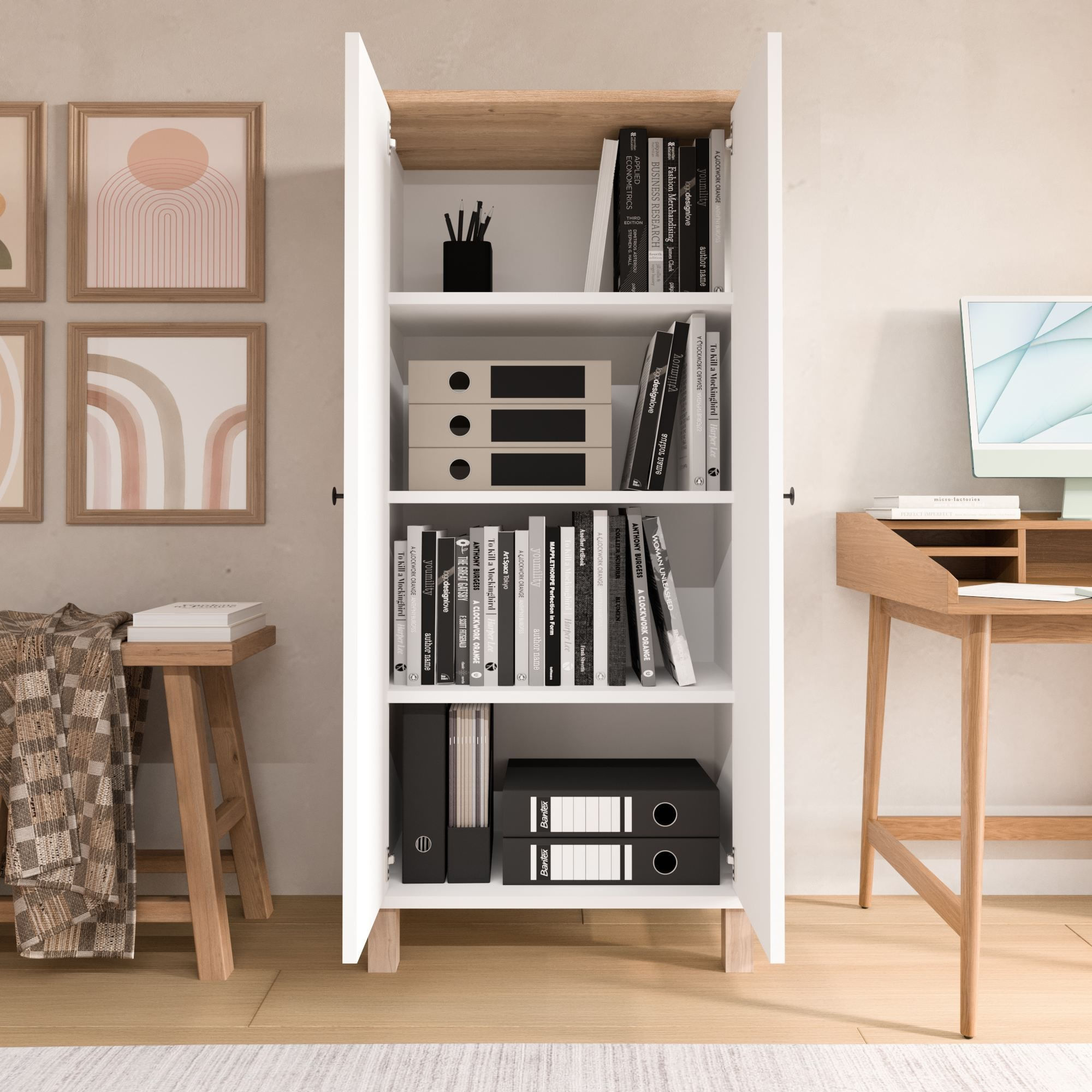 Dulap Nord - ND5-SW, 61 x 133,6 x 33 cm, alb si stejar, PAL melaminat, spatiu de depozitare, fixare pe perete — imaginea 6