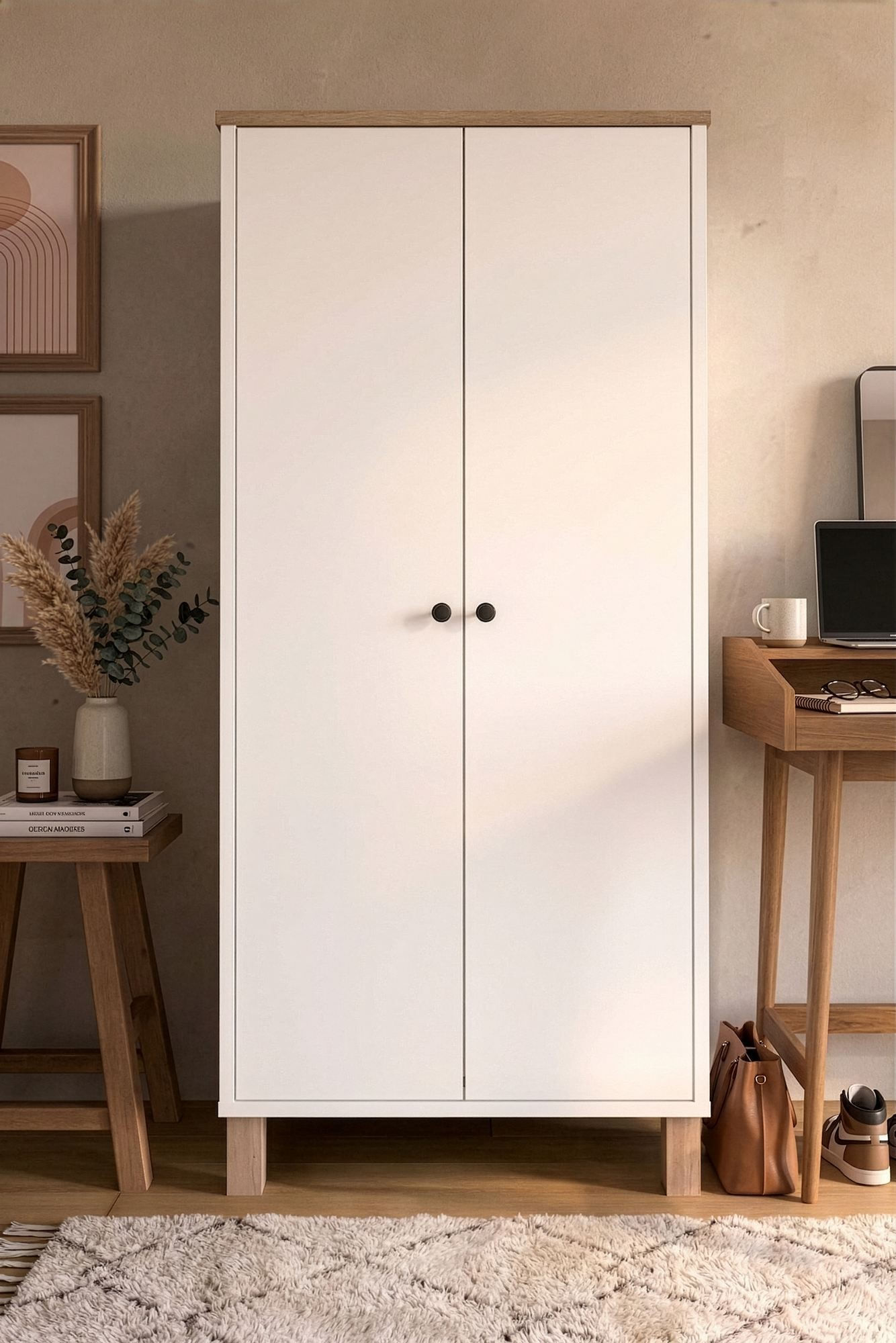 Dulap Nord - ND5-SW, 61 x 133,6 x 33 cm, alb si stejar, PAL melaminat, spatiu de depozitare, fixare pe perete — imaginea 7