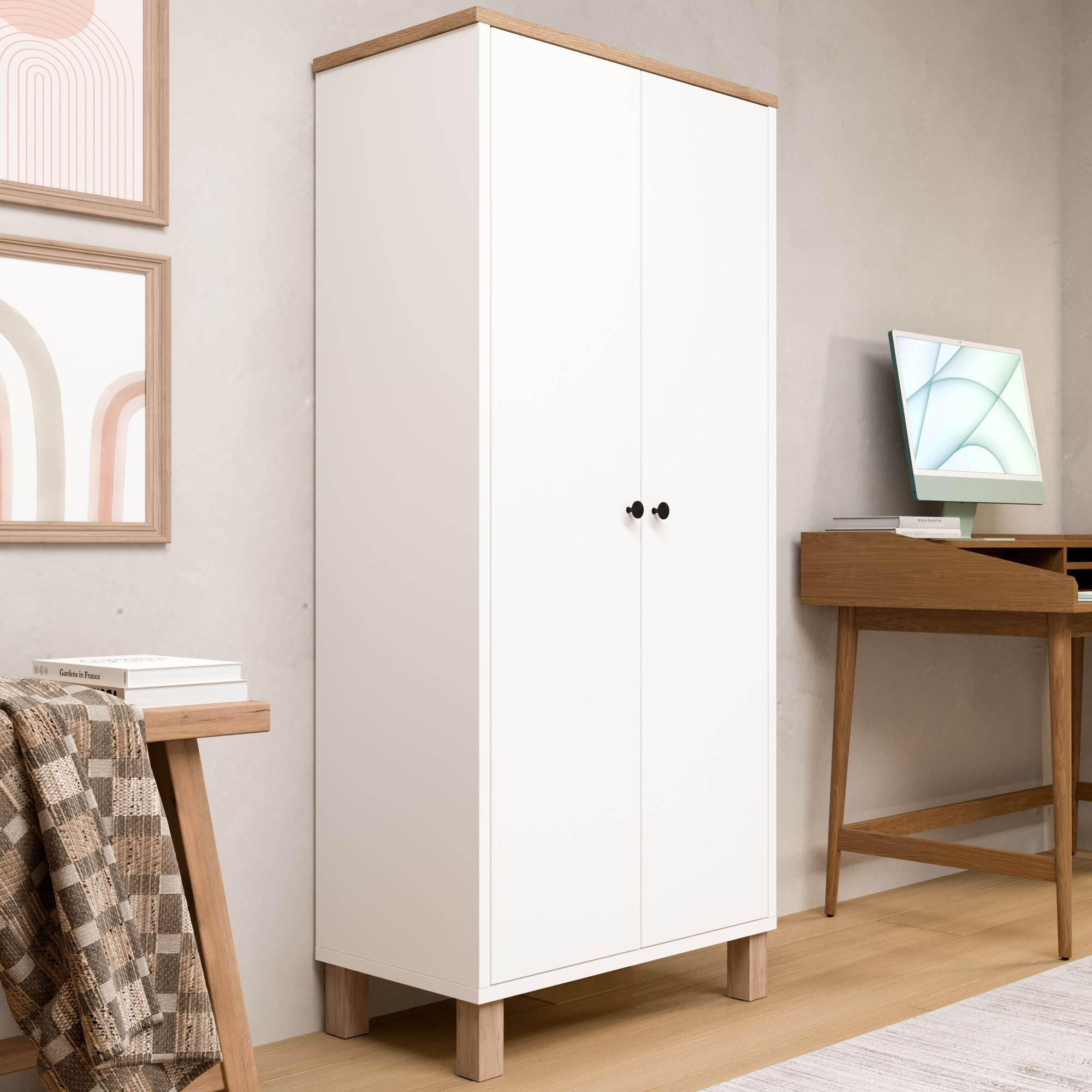 Dulap Nord - ND5-SW, 61 x 133,6 x 33 cm, alb si stejar, PAL melaminat, spatiu de depozitare, fixare pe perete — imaginea 8