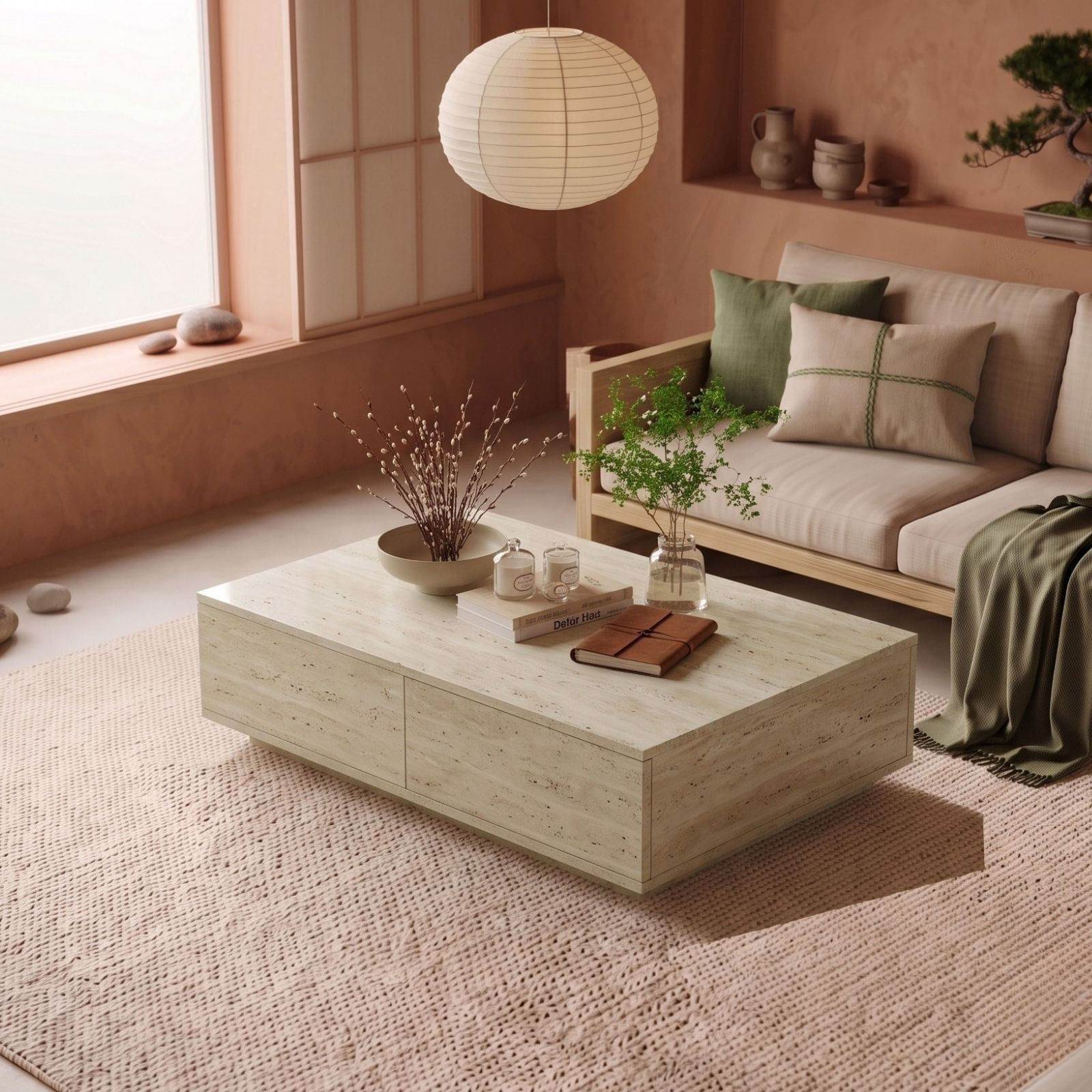 Masa de cafea Ave14-T, 90 x 28,6 x 60 cm, travertin, PAL melaminat, design compact — imaginea 2