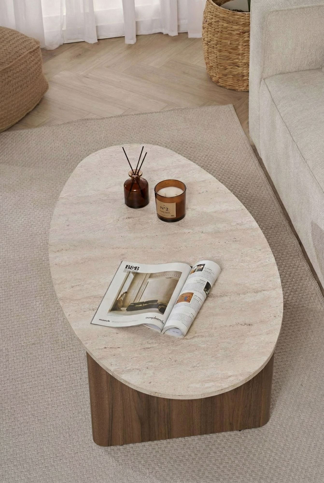 Masa de cafea Orba, 120 x 40 x 65 cm, travertin venezia nuc, PAL melaminat, design compact — imaginea 6