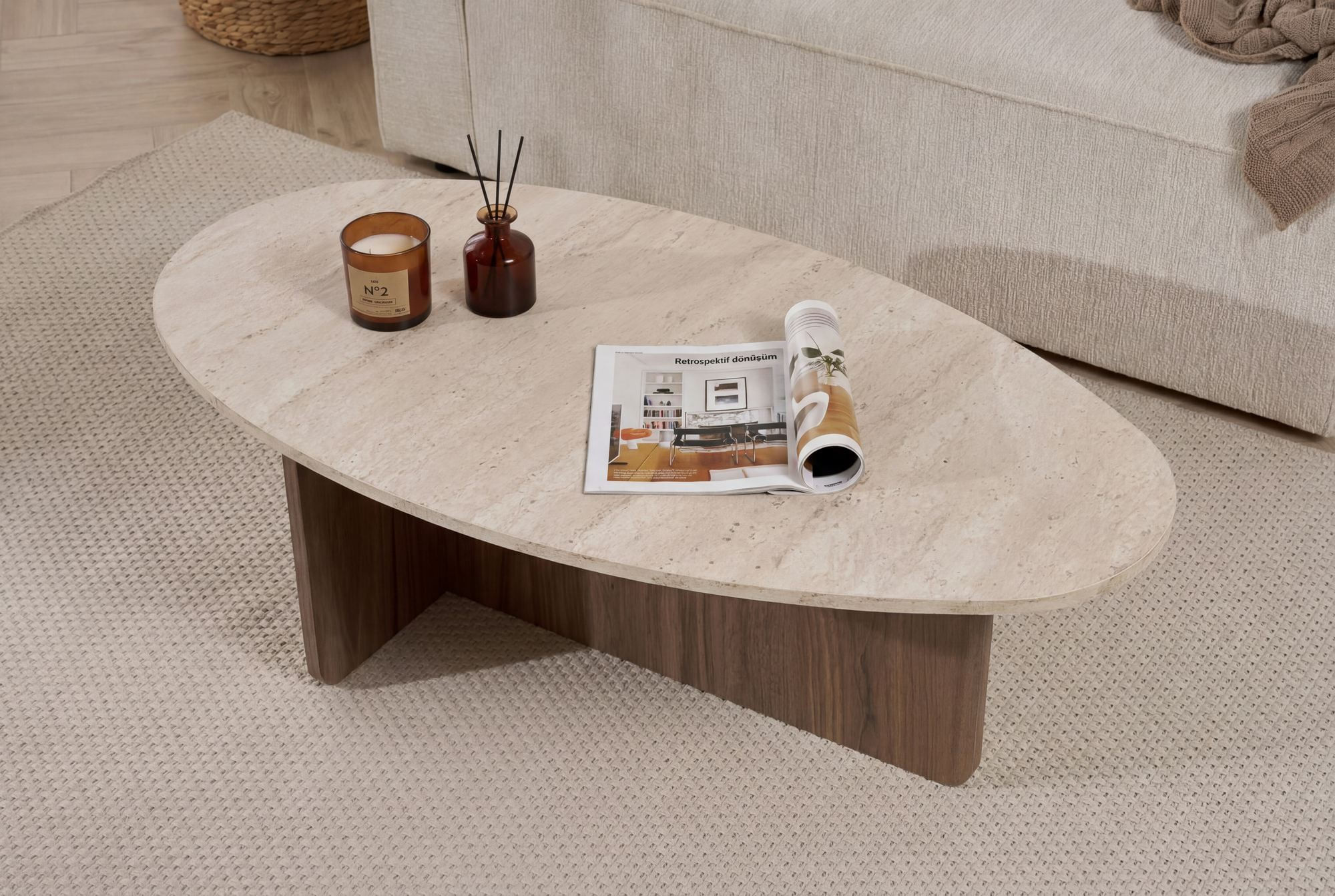 Masa de cafea Orba, 120 x 40 x 65 cm, travertin venezia nuc, PAL melaminat, design compact — imaginea 7