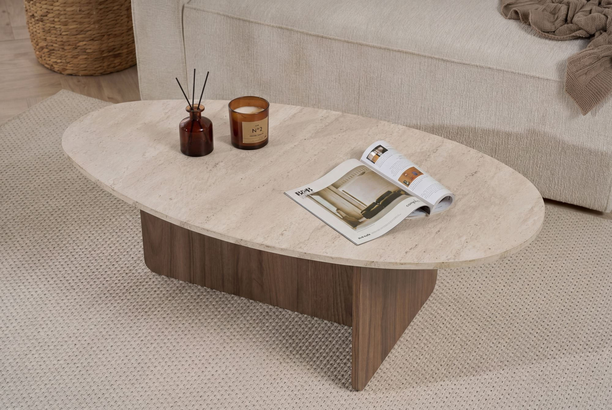 Masa de cafea Orba, 120 x 40 x 65 cm, travertin venezia nuc, PAL melaminat, design compact — imaginea 9