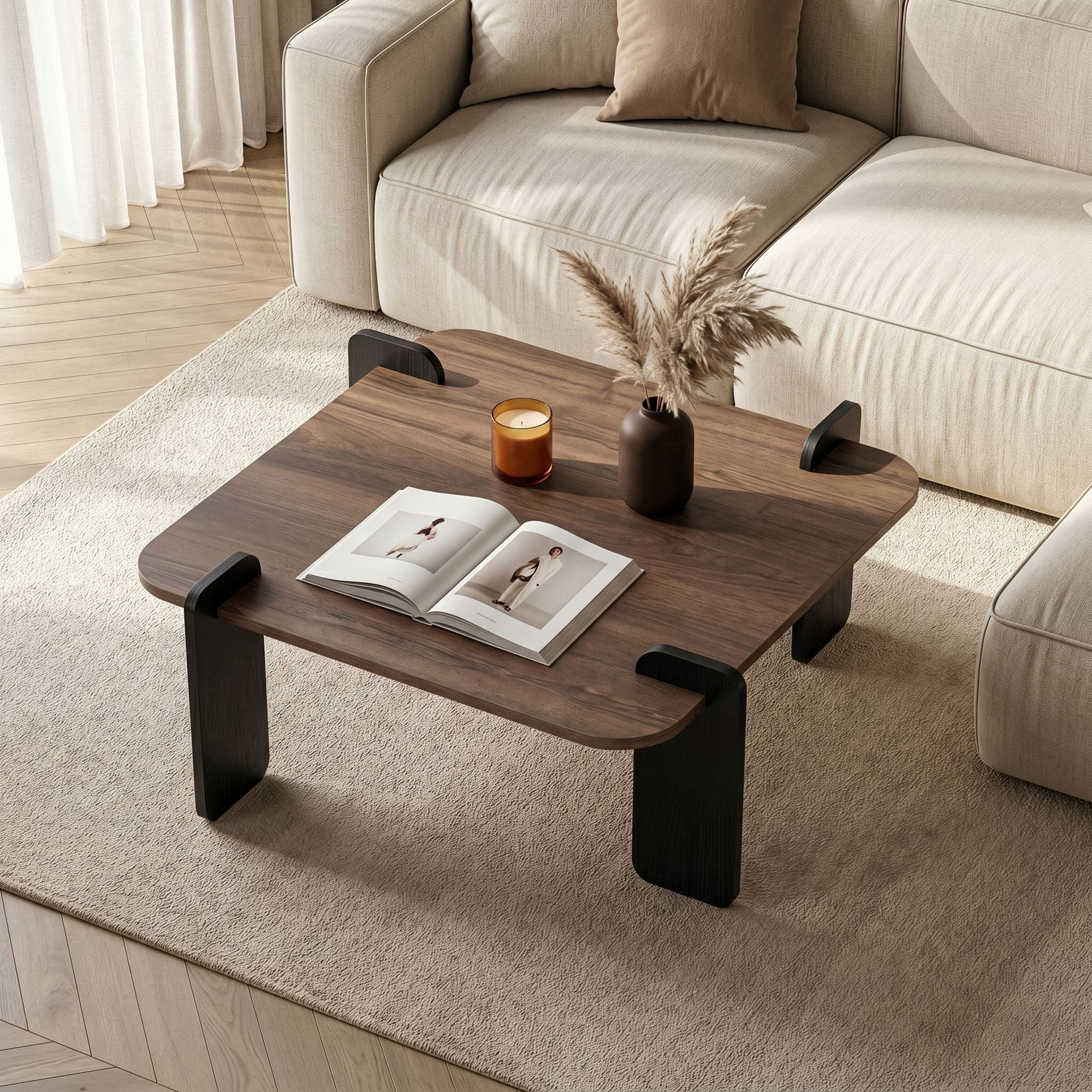 Masa de cafea Marais, 117 x 35 x 117 cm, nuc lemn negru, PAL melaminat, design compact, nuc / wood negru — imaginea 4