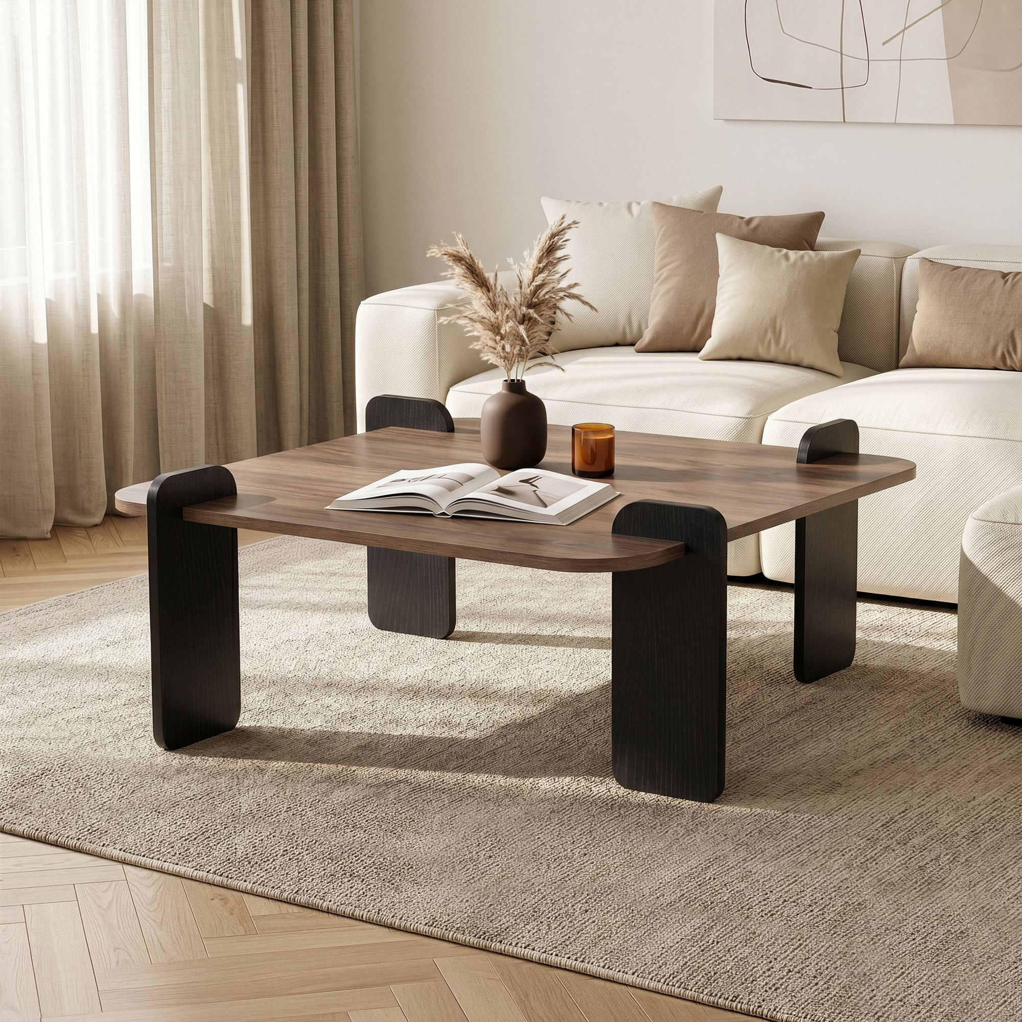 Masa de cafea Marais, 117 x 35 x 117 cm, nuc lemn negru, PAL melaminat, design compact, nuc / wood negru — imaginea 7