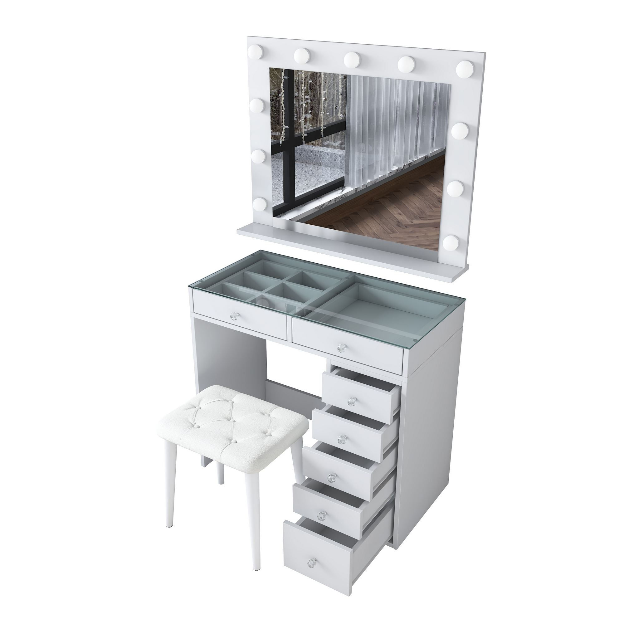 Masa de machiaj BJ160, 90 x 79,8 x 44,5 cm, alb, PAL, oglinda inclusa — imaginea 4