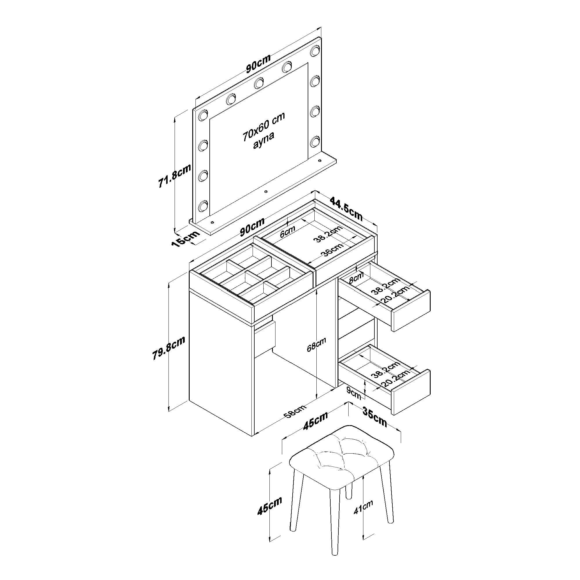 Masa de machiaj BJ160, 90 x 79,8 x 44,5 cm, alb, PAL, oglinda inclusa — imaginea 5