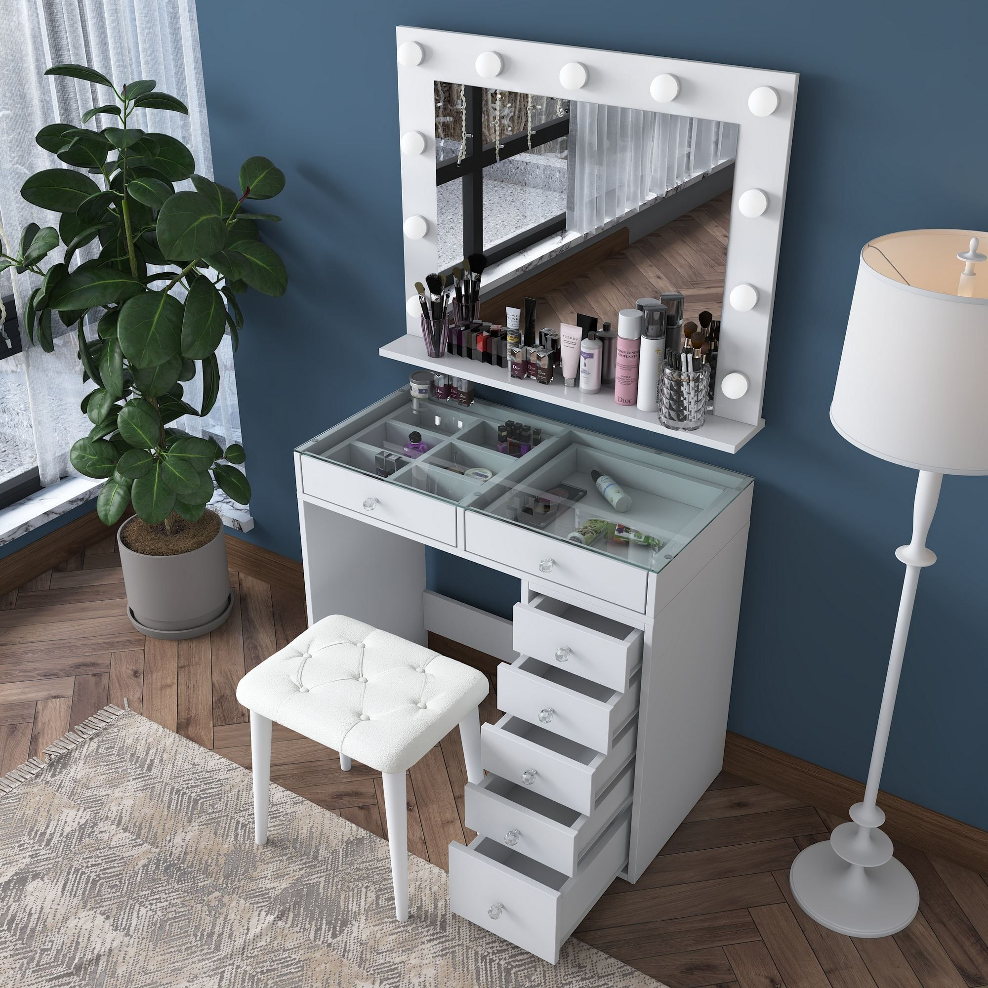 Masa de machiaj BJ160, 90 x 79,8 x 44,5 cm, alb, PAL, oglinda inclusa — imaginea 7