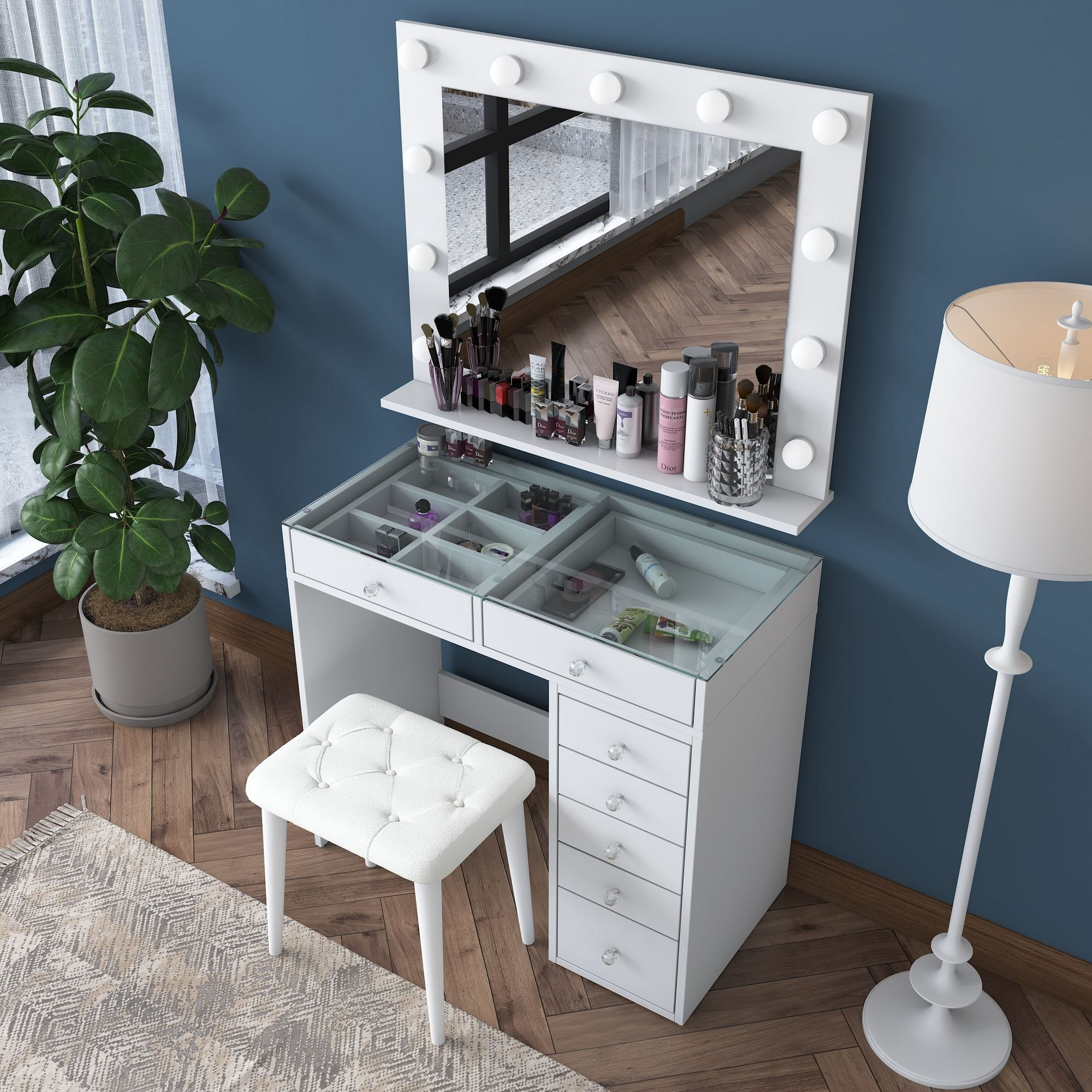 Masa de machiaj BJ160, 90 x 79,8 x 44,5 cm, alb, PAL, oglinda inclusa — imaginea 9