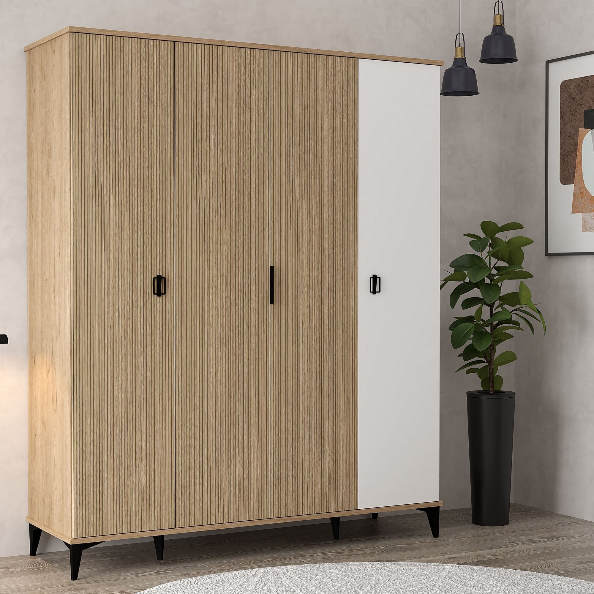 Dulap haine Neva 6404, 164 x 200 x 52 cm, stejar alb, PAL melaminat, spatiu de depozitare, fixare pe perete — imaginea 3