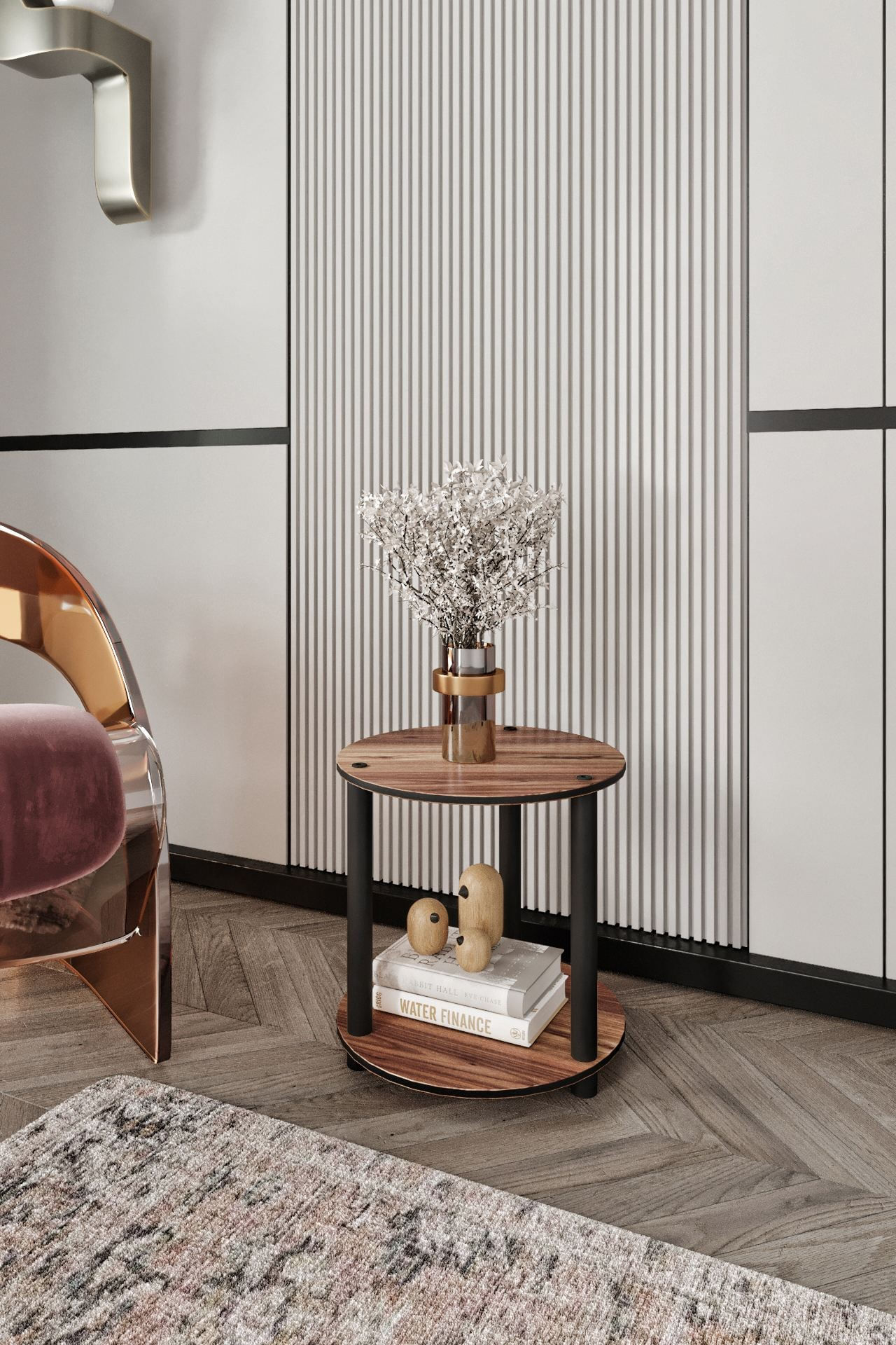 Masa de cafea rotunda cu 2 niveluri, 34 x 38 x 34 cm, nuc, MDF, design compact — imaginea 2