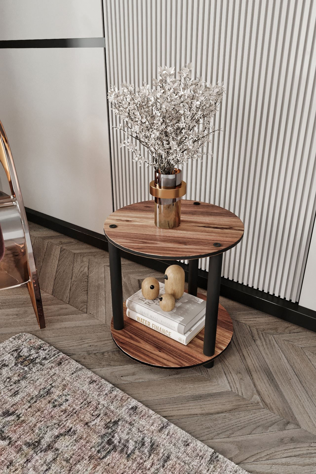 Masa de cafea rotunda cu 2 niveluri, 34 x 38 x 34 cm, nuc, MDF, design compact — imaginea 3