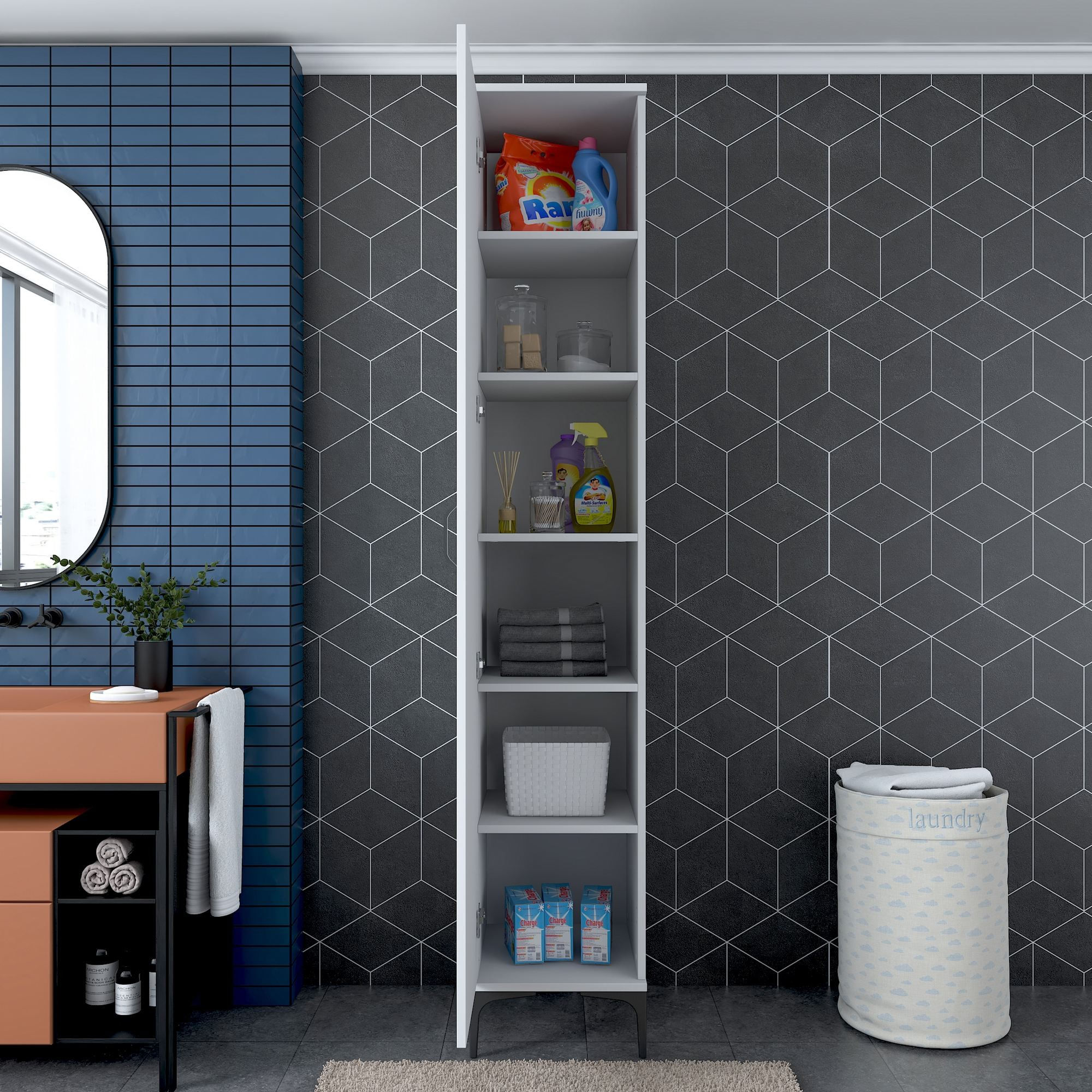 Dulap JE250, 40 x 218,6 x 45 cm, alb, PAL, spatiu de depozitare, fixare pe perete — imaginea 12