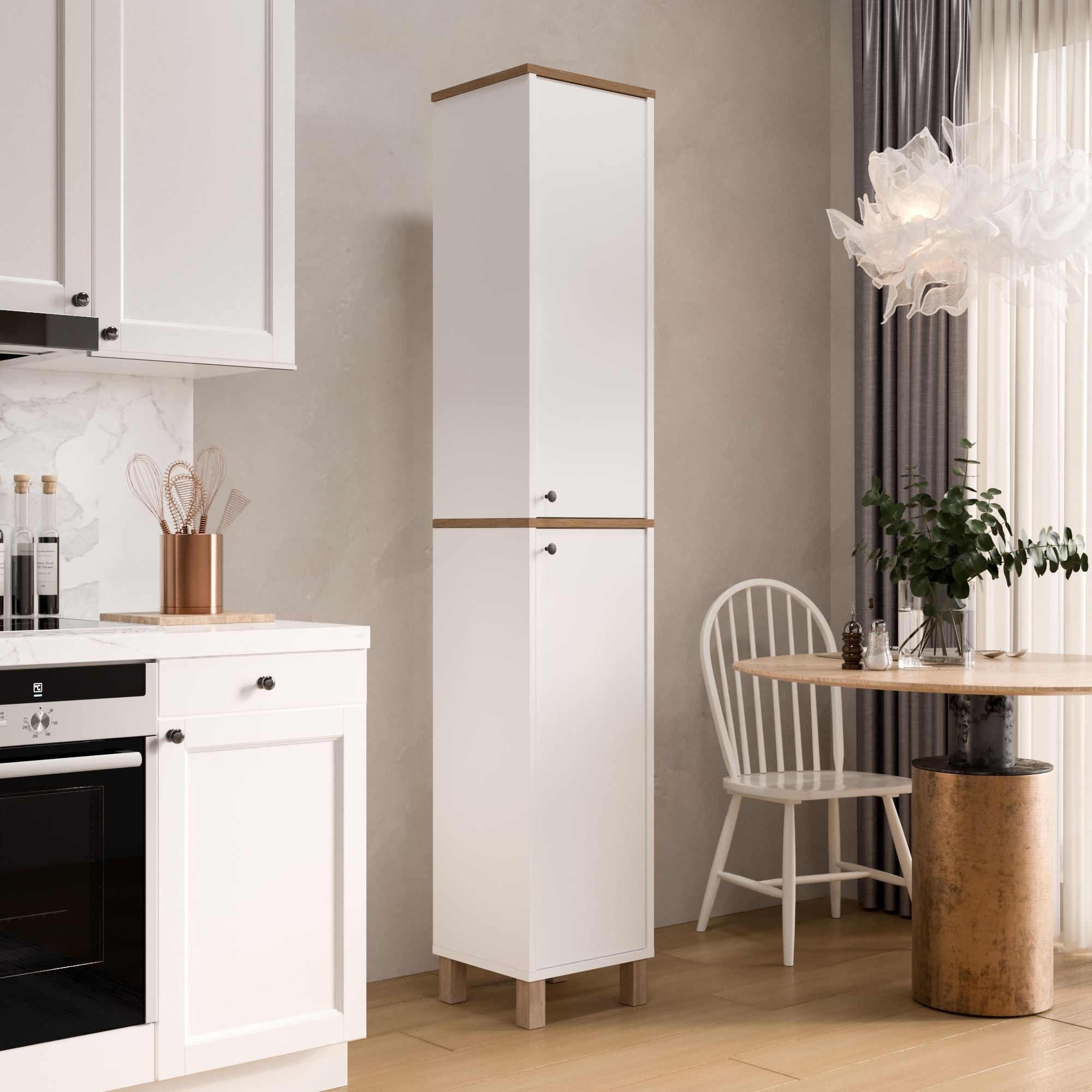 Dulap Nord - ND12-SW, 36 x 195,4 x 32 cm, alb si stejar, PAL melaminat, spatiu de depozitare, fixare pe perete — imaginea 2