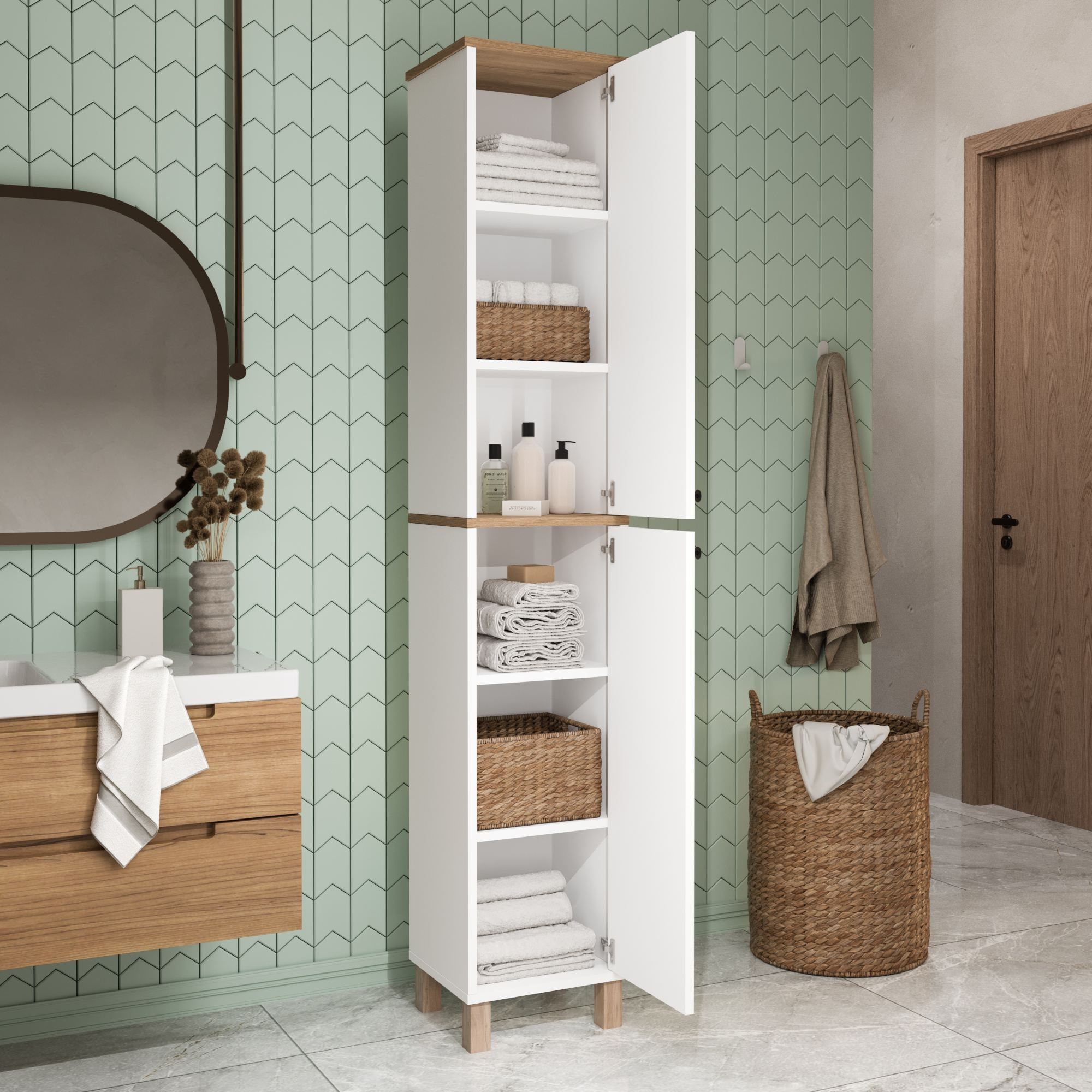 Dulap Nord - ND12-SW, 36 x 195,4 x 32 cm, alb si stejar, PAL melaminat, spatiu de depozitare, fixare pe perete — imaginea 5