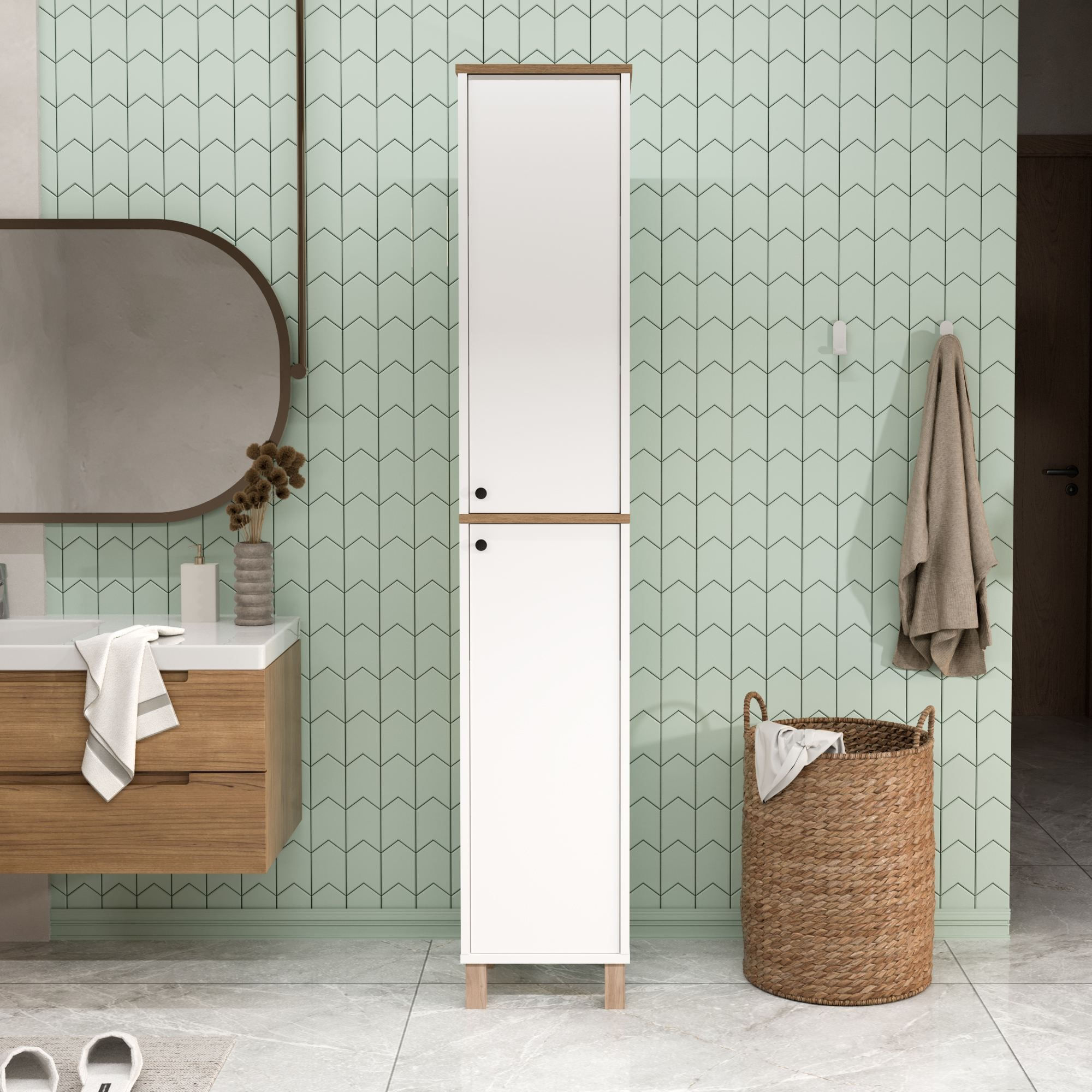 Dulap Nord - ND12-SW, 36 x 195,4 x 32 cm, alb si stejar, PAL melaminat, spatiu de depozitare, fixare pe perete — imaginea 6