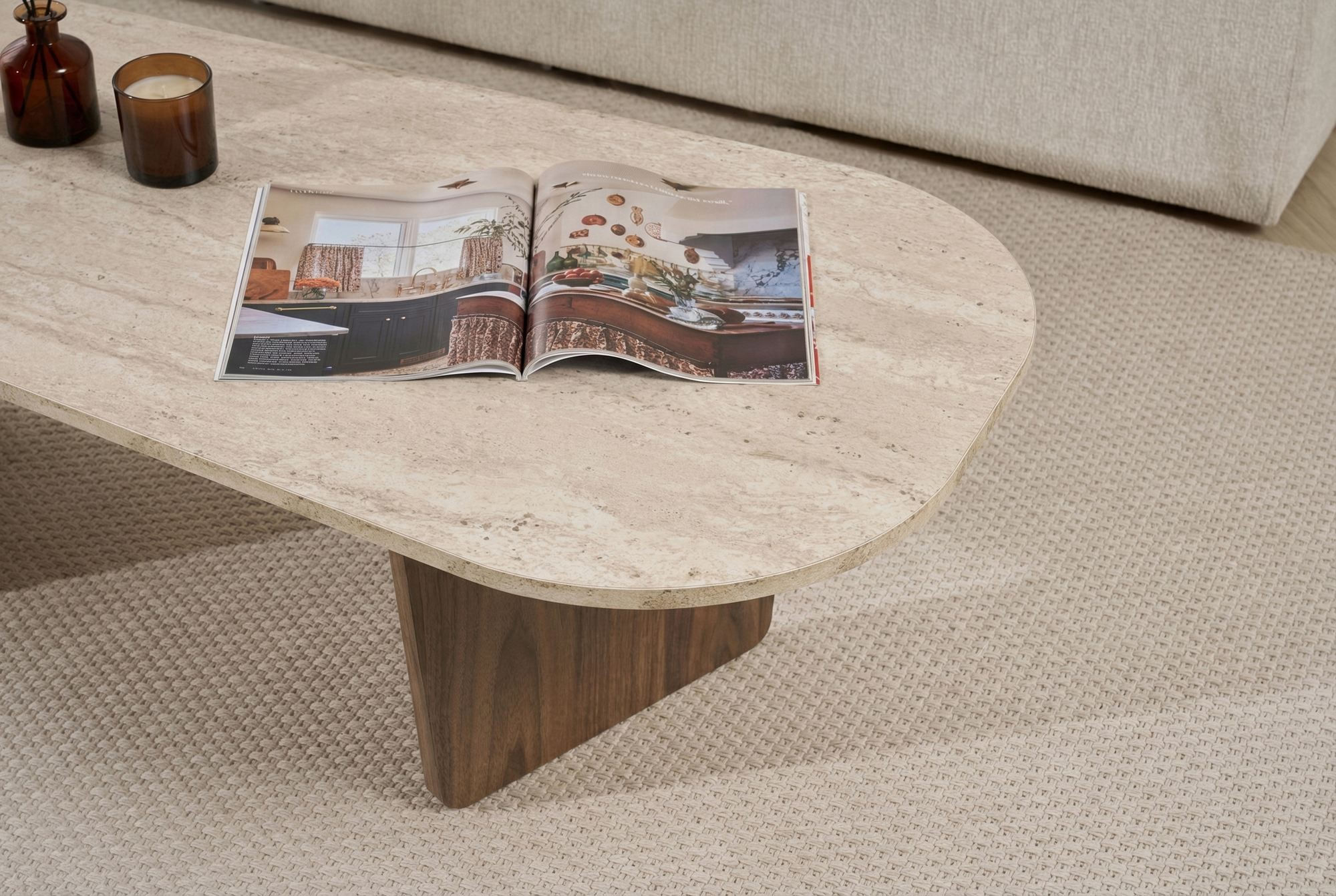 Masa de cafea Ovalis, 130 x 40 x 65 cm, travertin nuc, PAL melaminat, design compact — imaginea 3