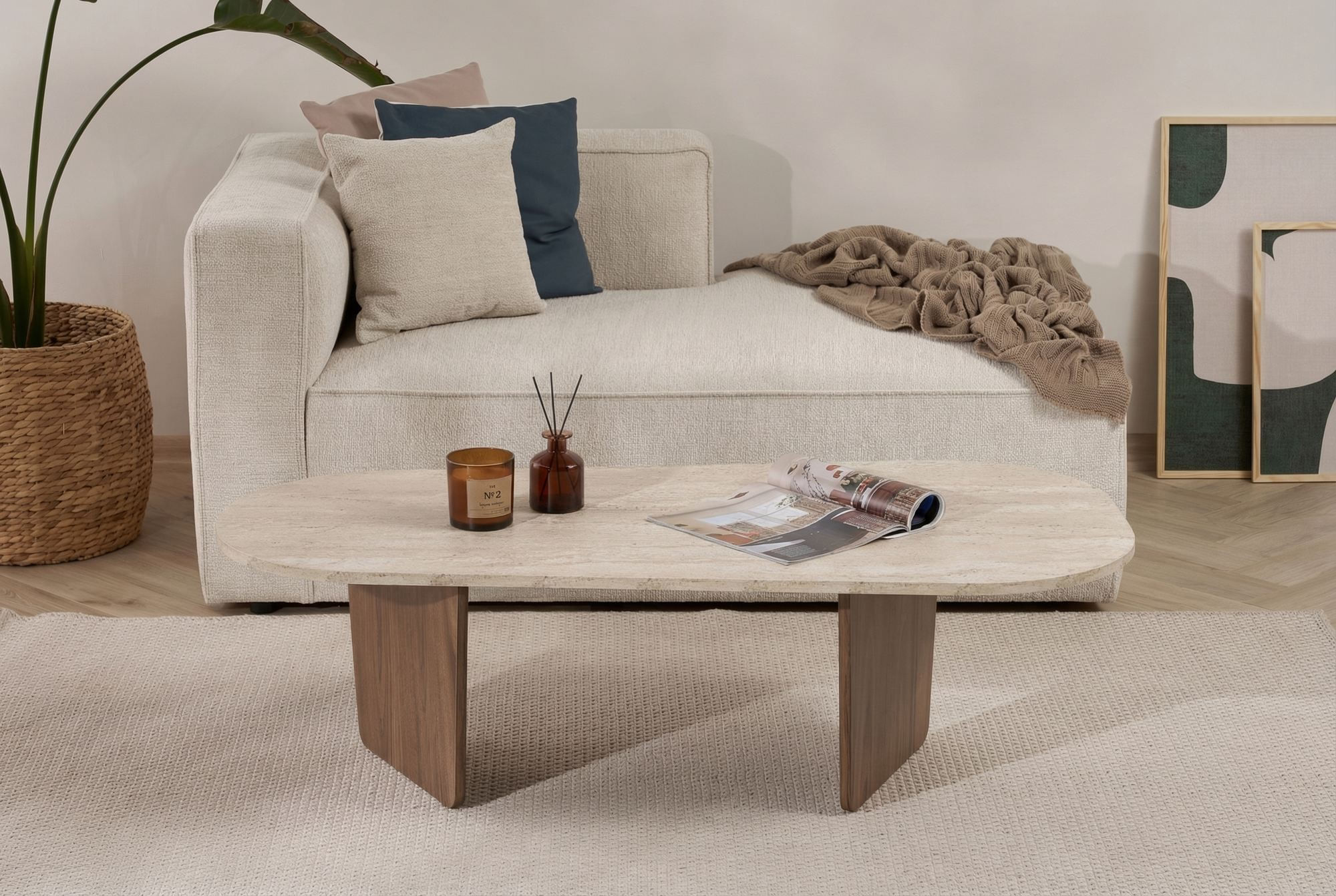 Masa de cafea Ovalis, 130 x 40 x 65 cm, travertin nuc, PAL melaminat, design compact — imaginea 4