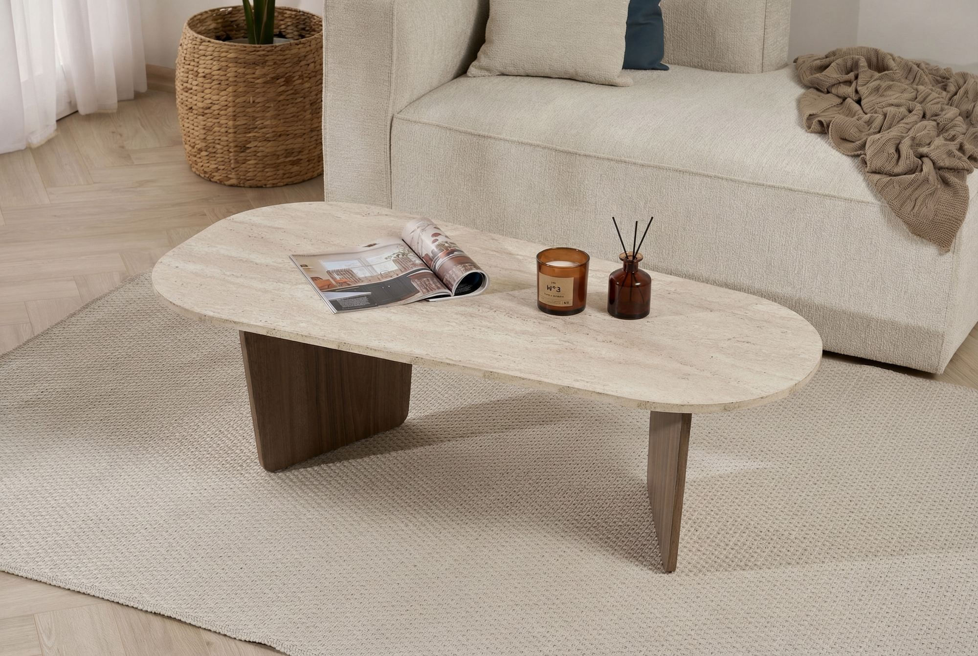 Masa de cafea Ovalis, 130 x 40 x 65 cm, travertin nuc, PAL melaminat, design compact — imaginea 6