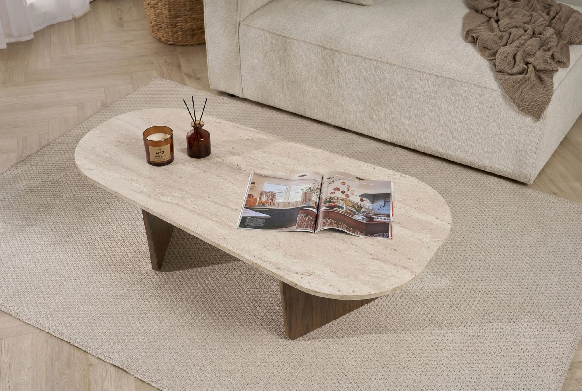 Masa de cafea Ovalis, 130 x 40 x 65 cm, travertin nuc, PAL melaminat, design compact — imaginea 7