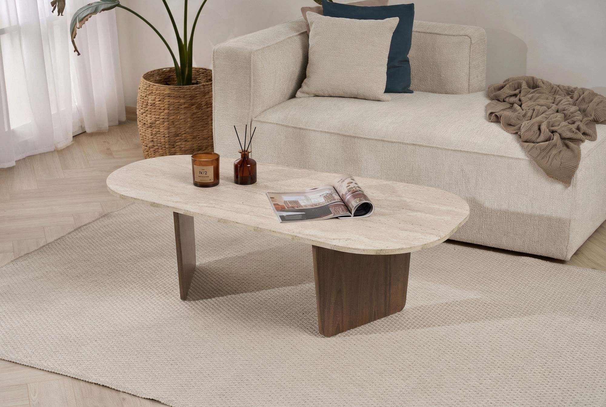 Masa de cafea Ovalis, 130 x 40 x 65 cm, travertin nuc, PAL melaminat, design compact — imaginea 8