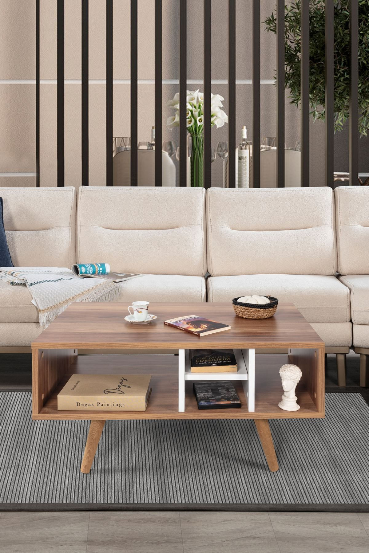 Masa de cafea Sina 2025, 90 x 43 x 55 cm, nuc alb, PAL melaminat, design compact — imaginea 2
