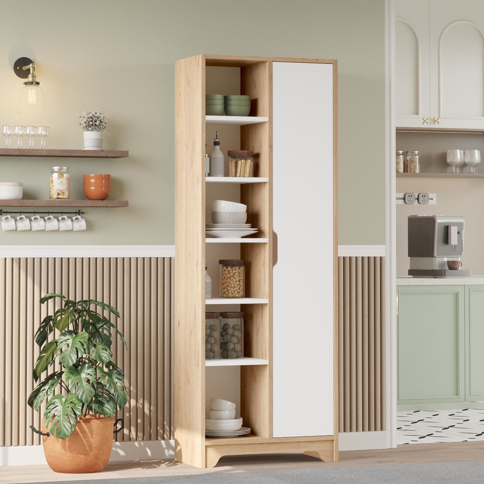 Dulap LIB2-SW, 72 x 180 x 34 cm, stejar alb, PAL melaminat, spatiu de depozitare, fixare pe perete — imaginea 5