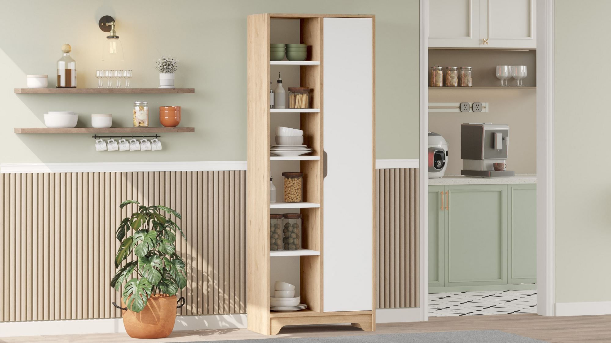 Dulap LIB2-SW, 72 x 180 x 34 cm, stejar alb, PAL melaminat, spatiu de depozitare, fixare pe perete — imaginea 7