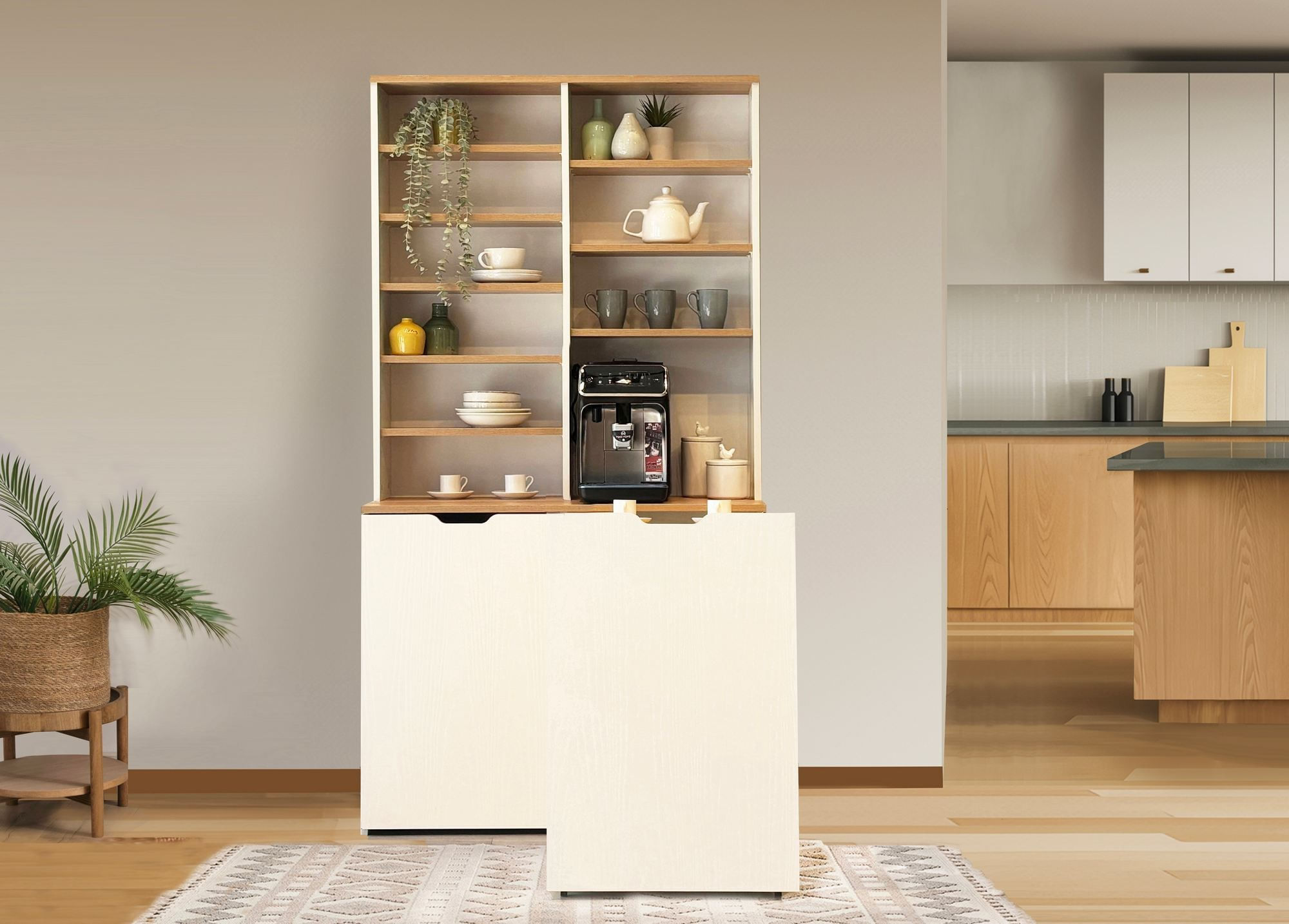 Dulap pentru cafea Flexa, 100 x 190 x 45 cm, stejar crem, PAL melaminat — imaginea 2