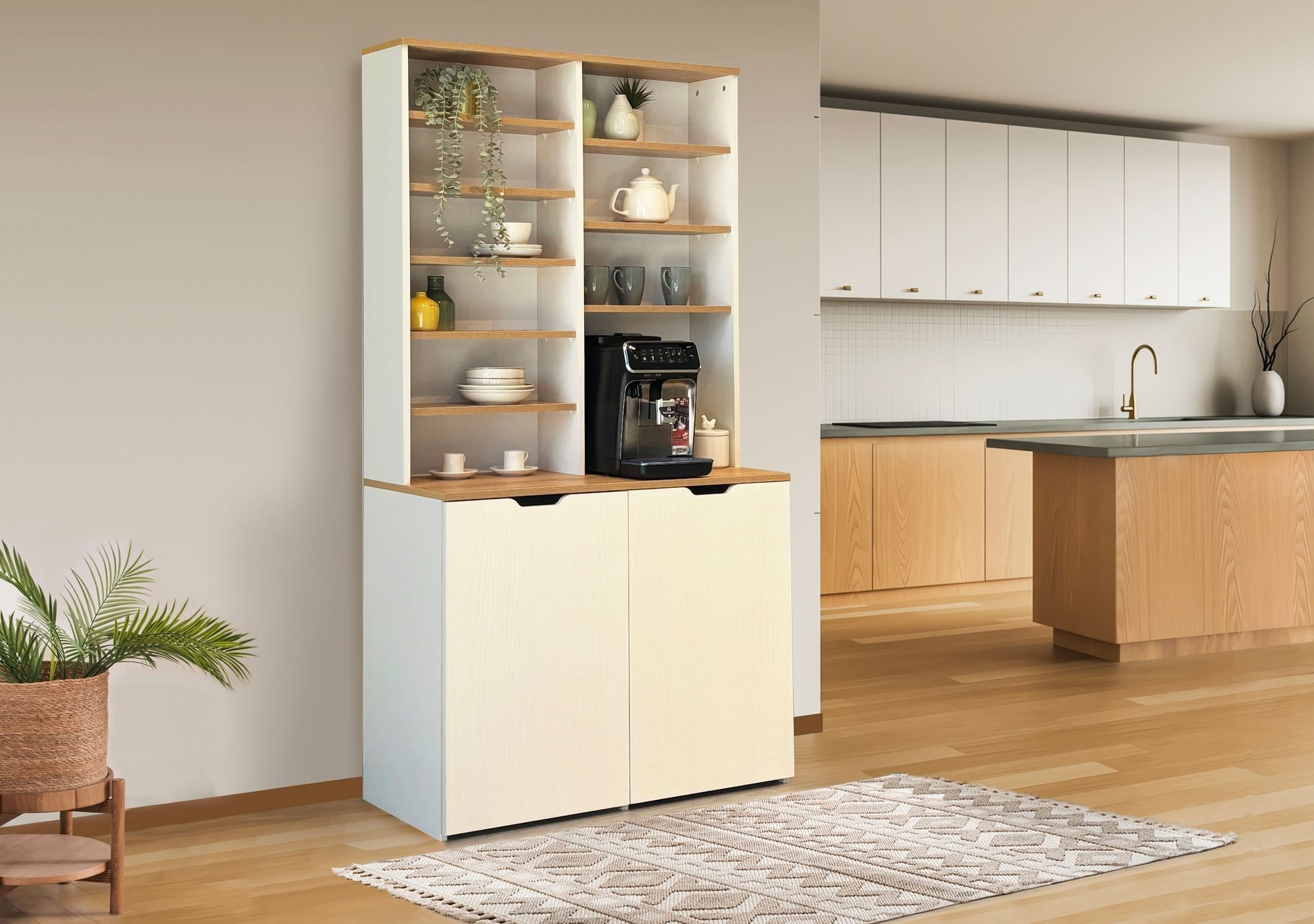 Dulap pentru cafea Flexa, 100 x 190 x 45 cm, stejar crem, PAL melaminat — imaginea 4