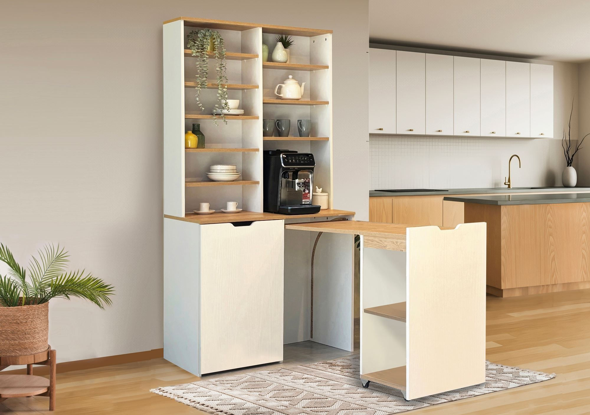 Dulap pentru cafea Flexa, 100 x 190 x 45 cm, stejar crem, PAL melaminat — imaginea 8