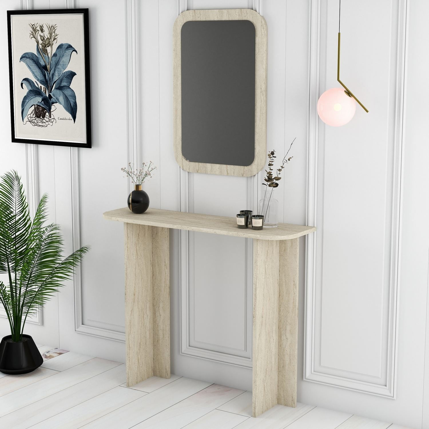 Masa de machiaj Modena Mirror, 105 x 85 x 30 cm, travertin, PAL melaminat, oglinda inclusa, capacitate 10 kg — imaginea 2