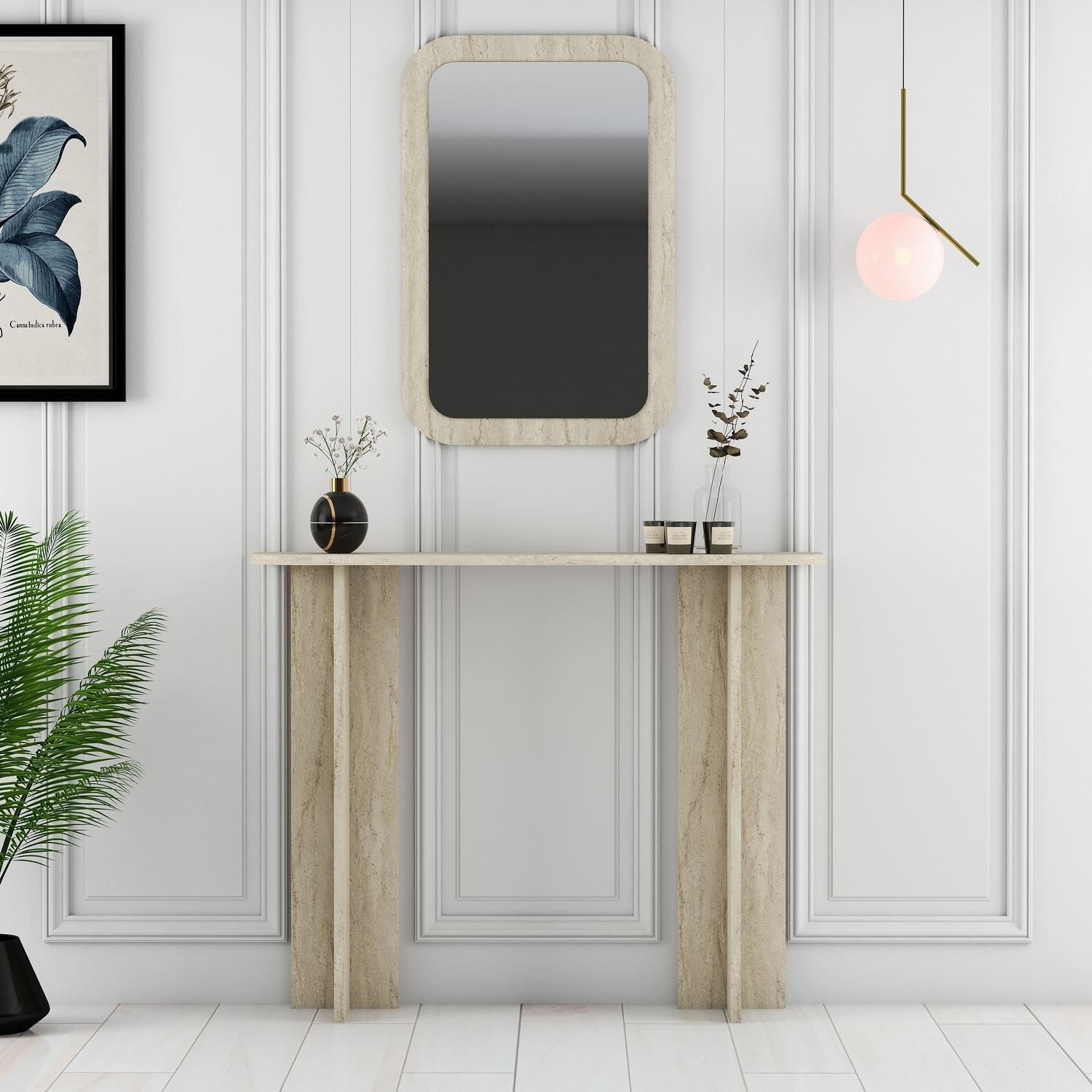 Masa de machiaj Modena Mirror, 105 x 85 x 30 cm, travertin, PAL melaminat, oglinda inclusa, capacitate 10 kg — imaginea 4