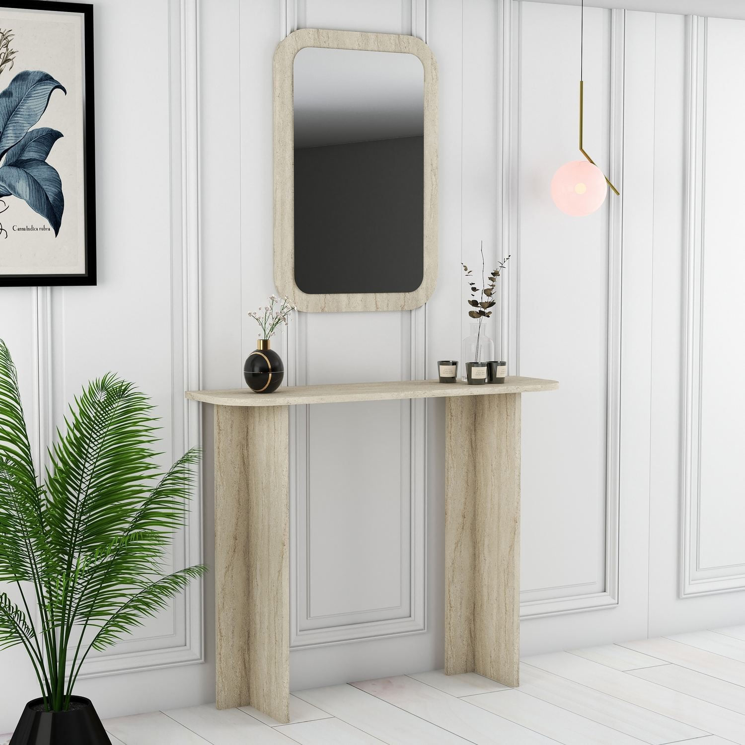 Masa de machiaj Modena Mirror, 105 x 85 x 30 cm, travertin, PAL melaminat, oglinda inclusa, capacitate 10 kg — imaginea 6
