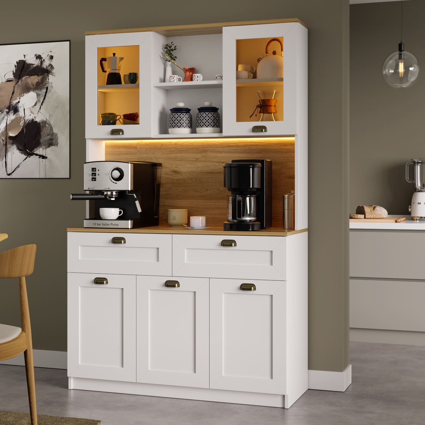 Dulap pentru cafea Vionna 1600-221, 120 x 191,8 x 44 cm, alb, PAL melaminat, spatiu de depozitare, fixare pe perete