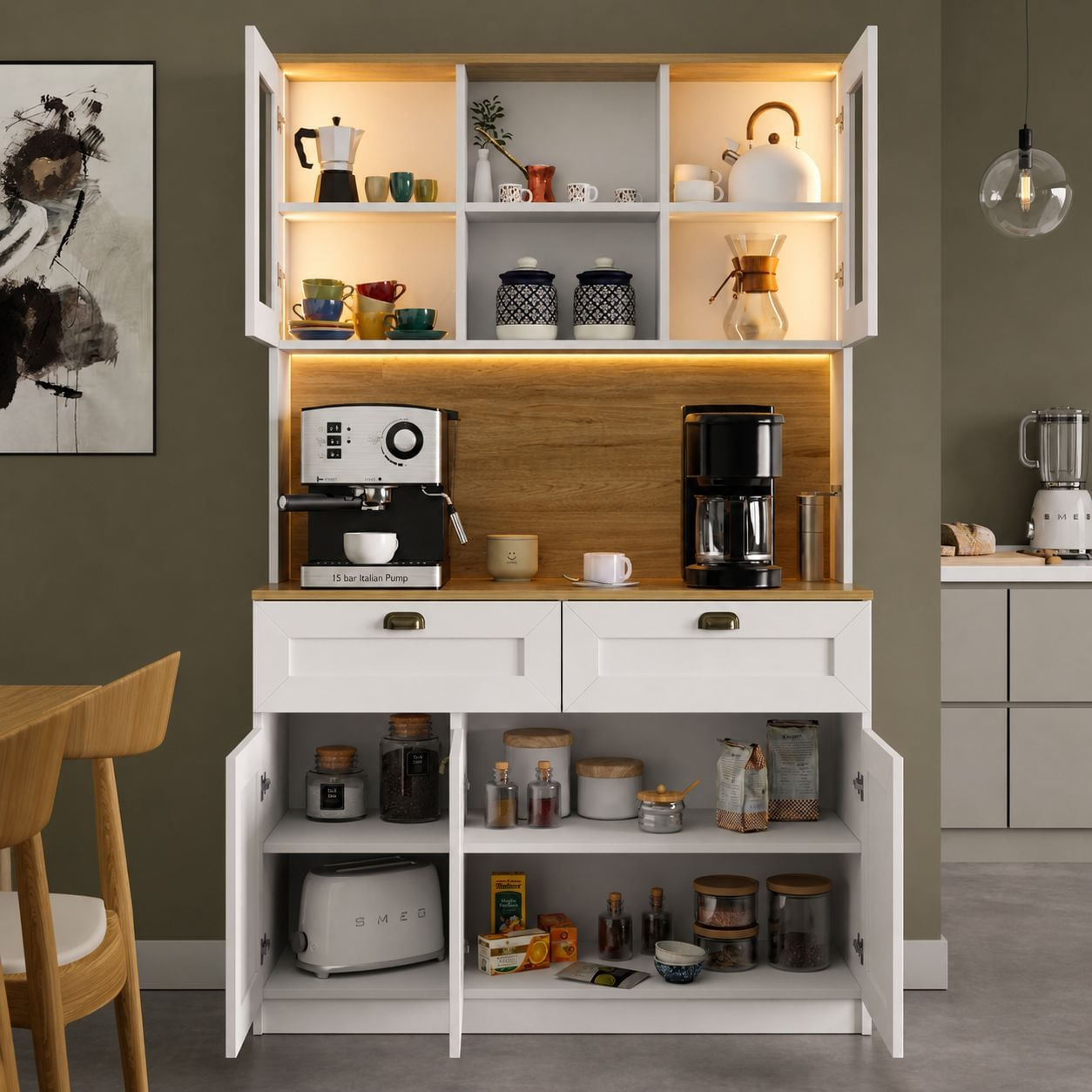 Dulap pentru cafea Vionna 1600-221, 120 x 191,8 x 44 cm, alb, PAL melaminat, spatiu de depozitare, fixare pe perete — imaginea 3